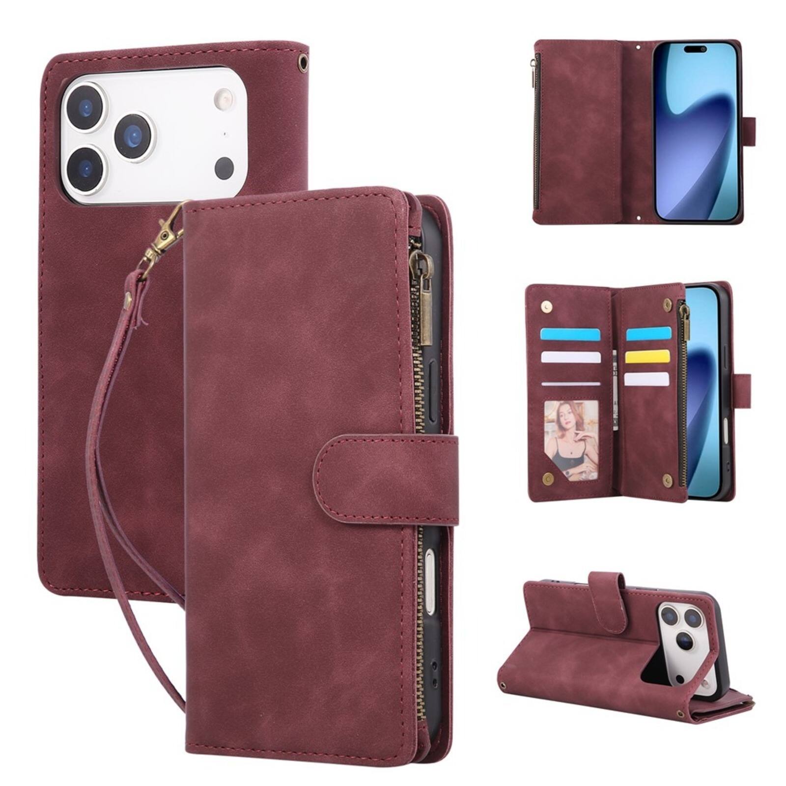 Angle. UUCOVER - Wallet Case for Apple iPhone 17 Pro with Card Slots Cash Holder, Zipper Pocket, Wrist & Shoulder Strap, Flip Stand Cover - Winered.