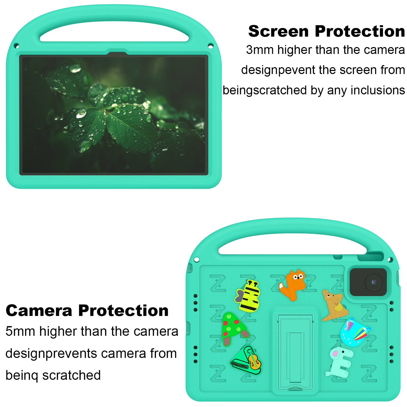 Screen Protection  
3mm higher than the camera design prevents the screen from being scratched by any inclusions

Camera Protection  
5mm higher than the camera design prevents the camera from being scratched