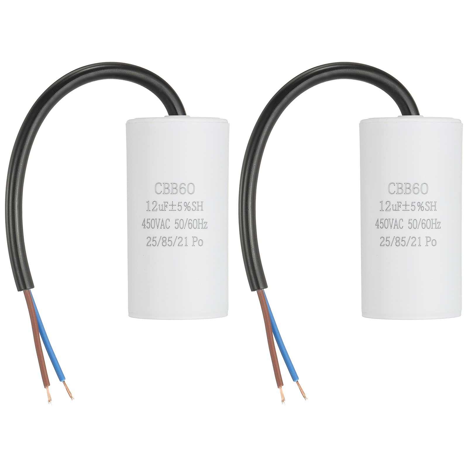 Unique Bargains - 2pcs 12uF CBB60 Run Capacitor, AC 450V 2 Wires 50/60Hz Cylinder 73x37mm for Air Compressor, Water Pump - White