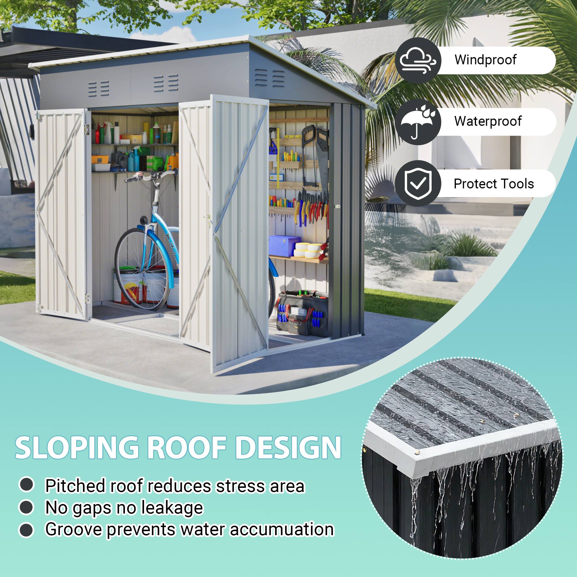 Windproof Waterproof Protect Tools

SLOPING ROOF DESIGN
- Pitched roof reduces stress area
- No gaps no leakage
- Groove prevents water accumulation