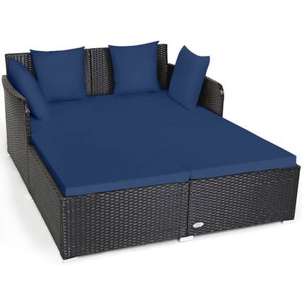 Front. SlickBlue - Spacious Rattan Daybed with Soft Cushions and Pillows for Outdoor Relaxation - Navy.