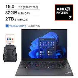 Lenovo - ThinkPad E16 21M6S7YY00 Laptop 16.0 IPS WUXGA (Ryzen 7 7735U, 32GB RAM, 2TB SSD, Win 11 Pro) w/Backpack, Office 365 - Graphite Black