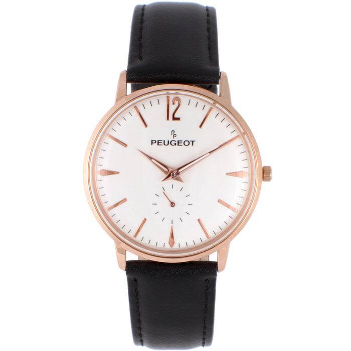 Front. Peugeot - Men's 40mm  Vintage Remote Sweep Leather Strap Watch - Rose Gold.