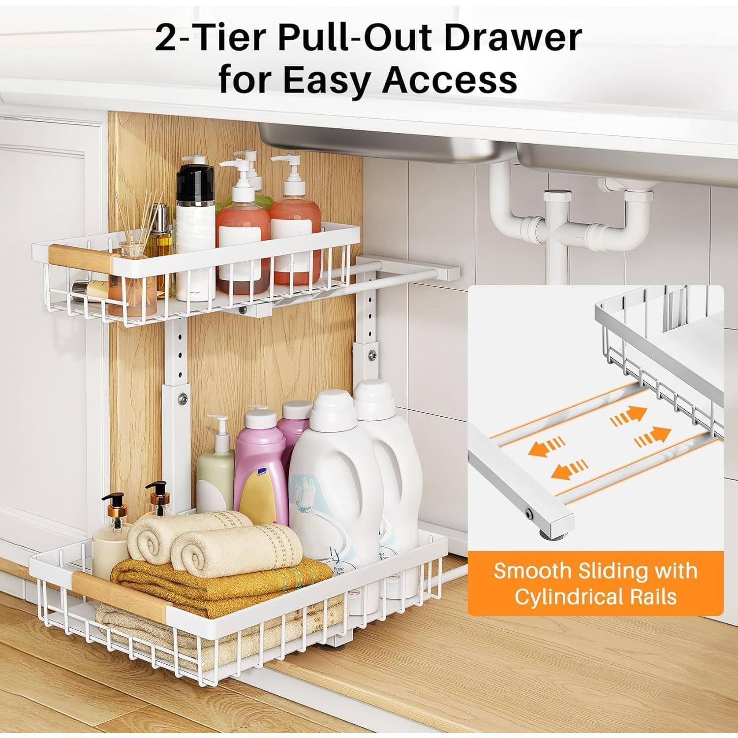 2-Tier Pull-Out Drawer for Easy Access

Smooth Sliding with Cylindrical Rails
