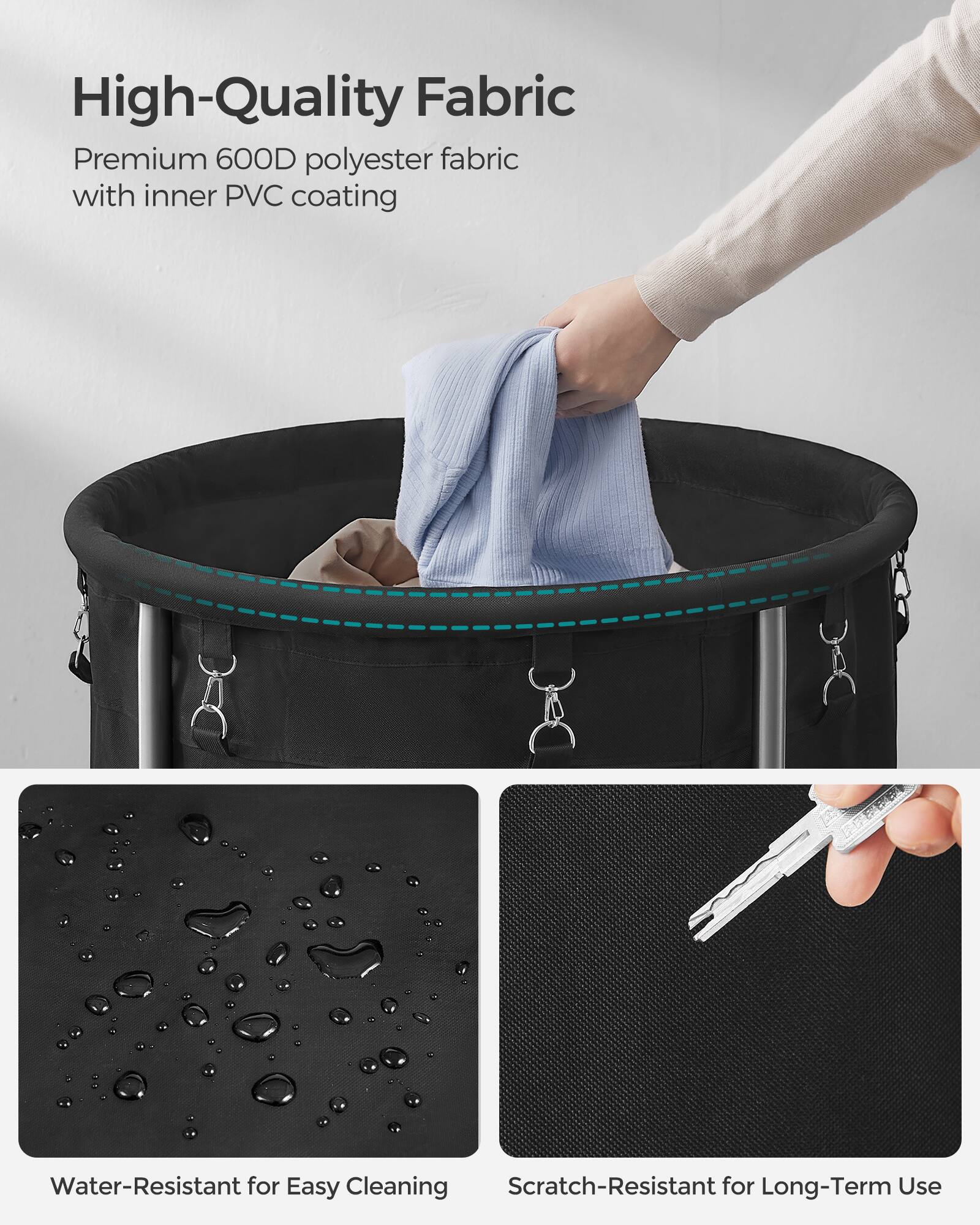 High-Quality Fabric

Premium 600D polyester fabric with inner PVC coating

Water-Resistant for Easy Cleaning

Scratch-Resistant for Long-Term Use