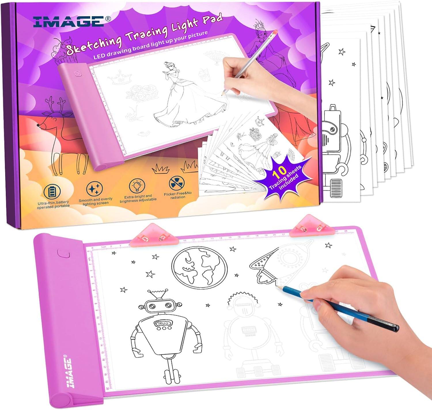 IMAGE  
Sketching Tracing Light Pad  
LED drawing board light up your picture  

- Ultra-thin, battery operated portable  
- Smooth and evenly adjustable brightness  
- Extra-bright and radiation-free  
- Flicker-Free & No radiation  

10 sheets tracing included