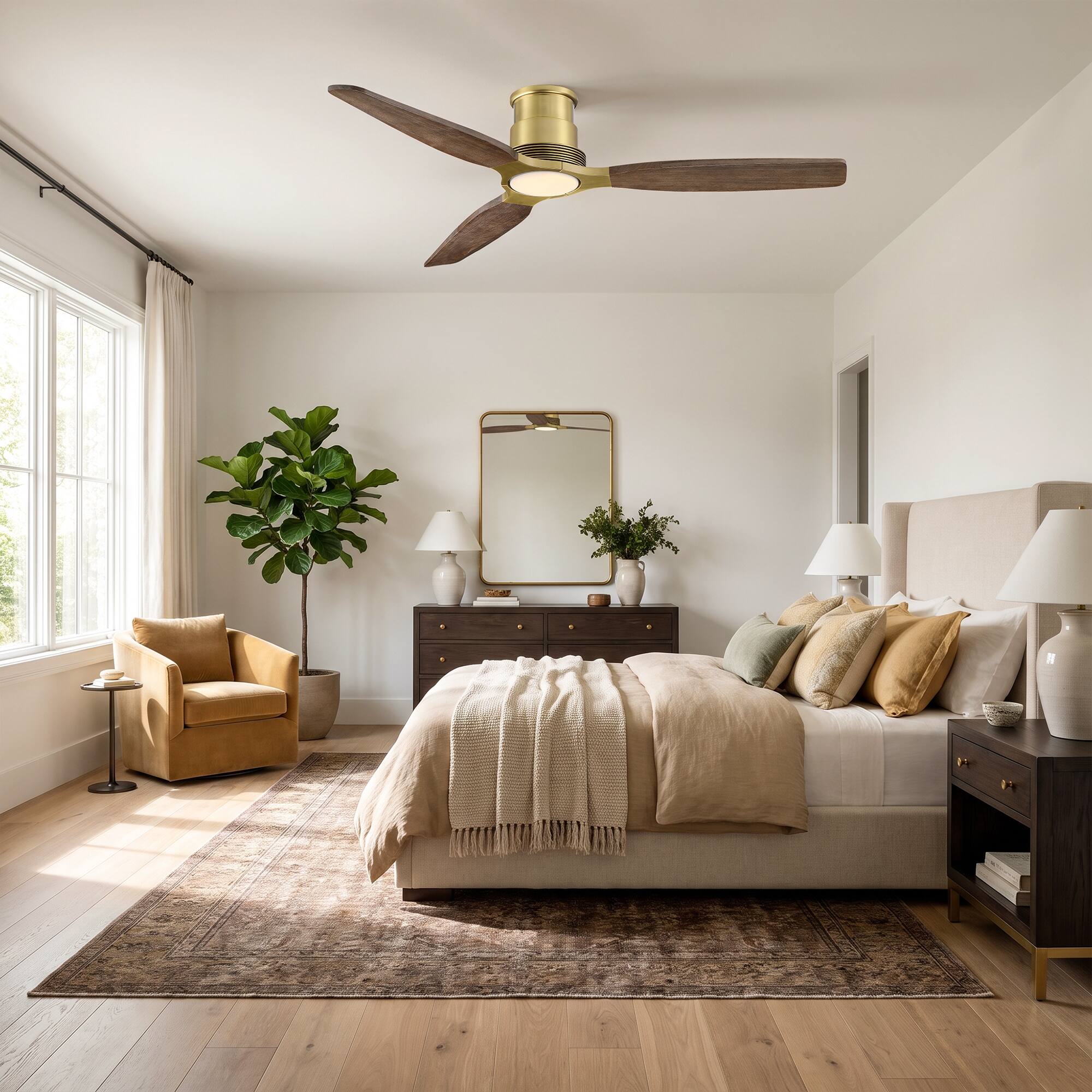 Back. Parrot Uncle - 48" Mid Century Solid Wood Lightweight Flush Mount Ceiling Fan with Dimmable LED Light and Remote, 6-Speed DC Motor - Gold.