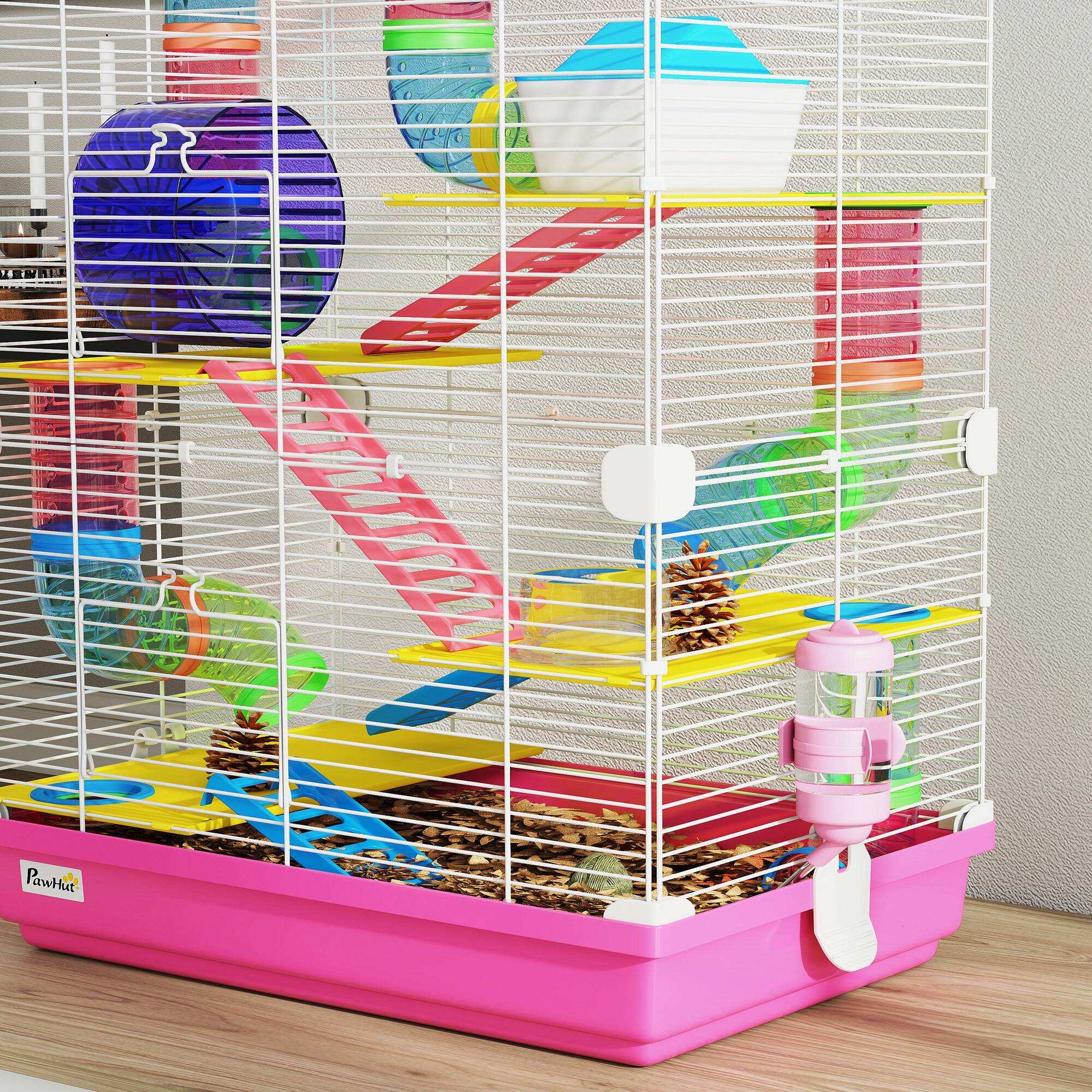 Alt View 7. Pawhut - Tiers Hamster Cage Portable Animal Travel Carrier w/ Exercise Wheels Tube - Pink.