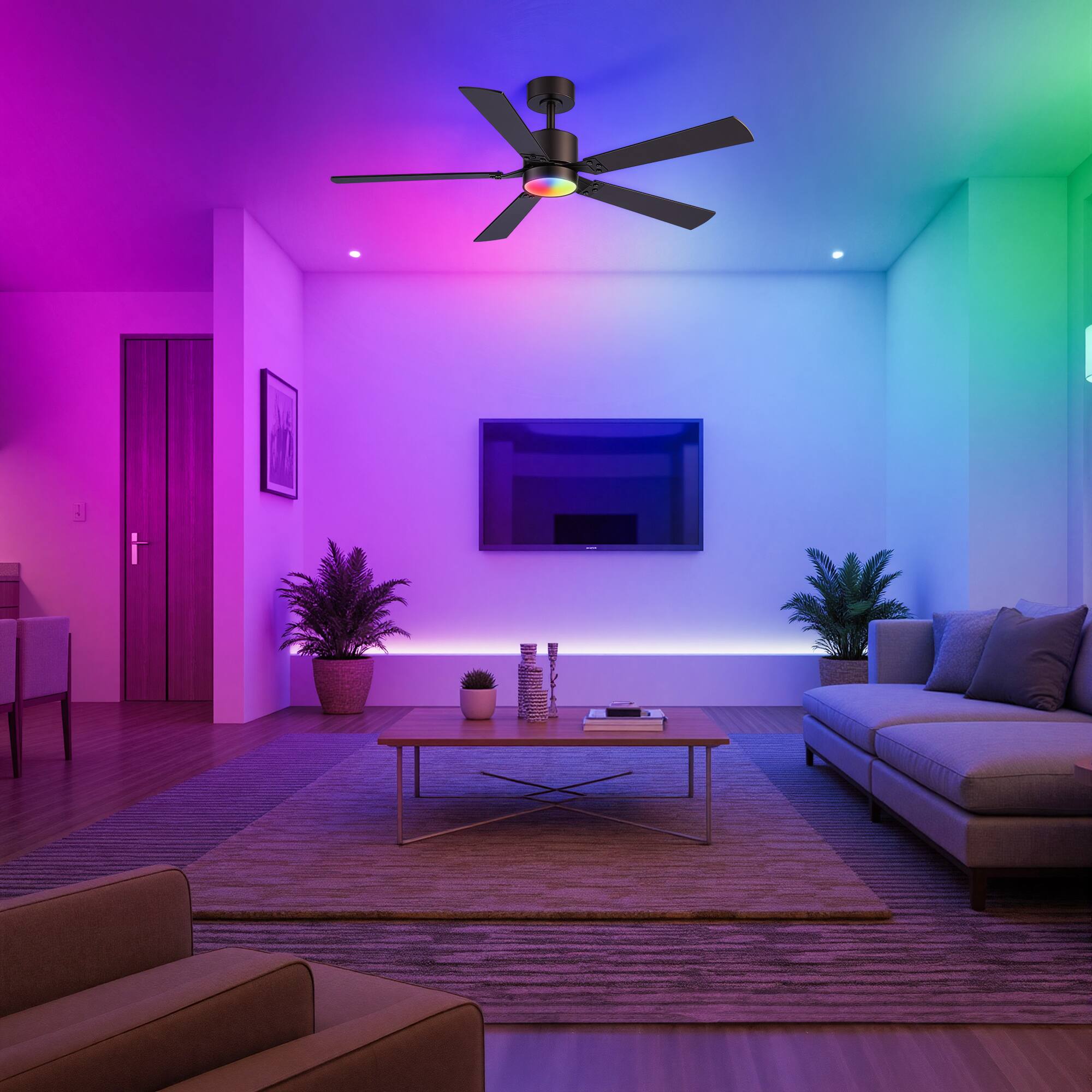 Back. Breezary - 52-Inch RGB Ceiling Fan with Downrod, Acrylic Light Shade, LED Adjustable Light, RGB Color Cycle, 6-Speed Remote Control - Black and Walnut.