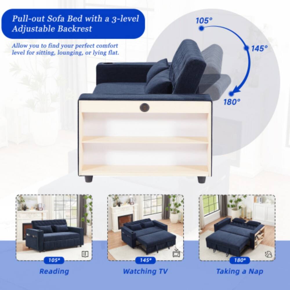 Pull-out Sofa Bed with a 3-level Adjustable Backrest

Allow you to find your perfect comfort level for sitting, lounging, or lying flat.

105° Reading  
145° Watching TV  
180° Taking a Nap