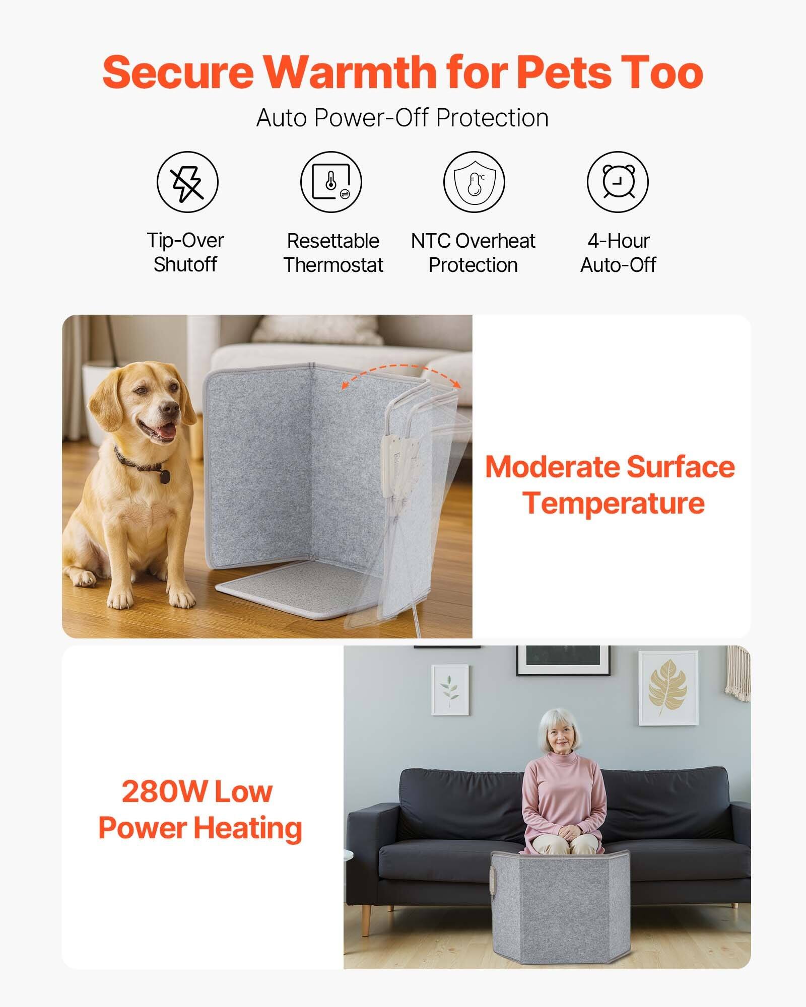 Secure Warmth for Pets Too

Auto Power-Off Protection
- Tip-Over Shutoff
- Resettable Thermostat
- NTC Overheat Protection
- 4-Hour Auto-Off

Moderate Surface Temperature

280W Low Power Heating
