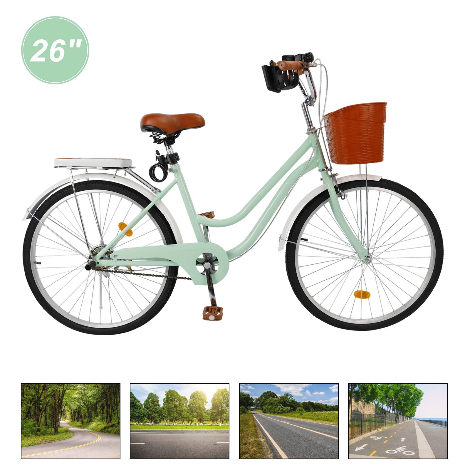 Back. Topteng - 26 Inch Beach Cruiser Bike for Adult -Low Step Design, Basket & Rack, High Carbon Steel Frame, Dual Brakes Bicycle Green - Green.