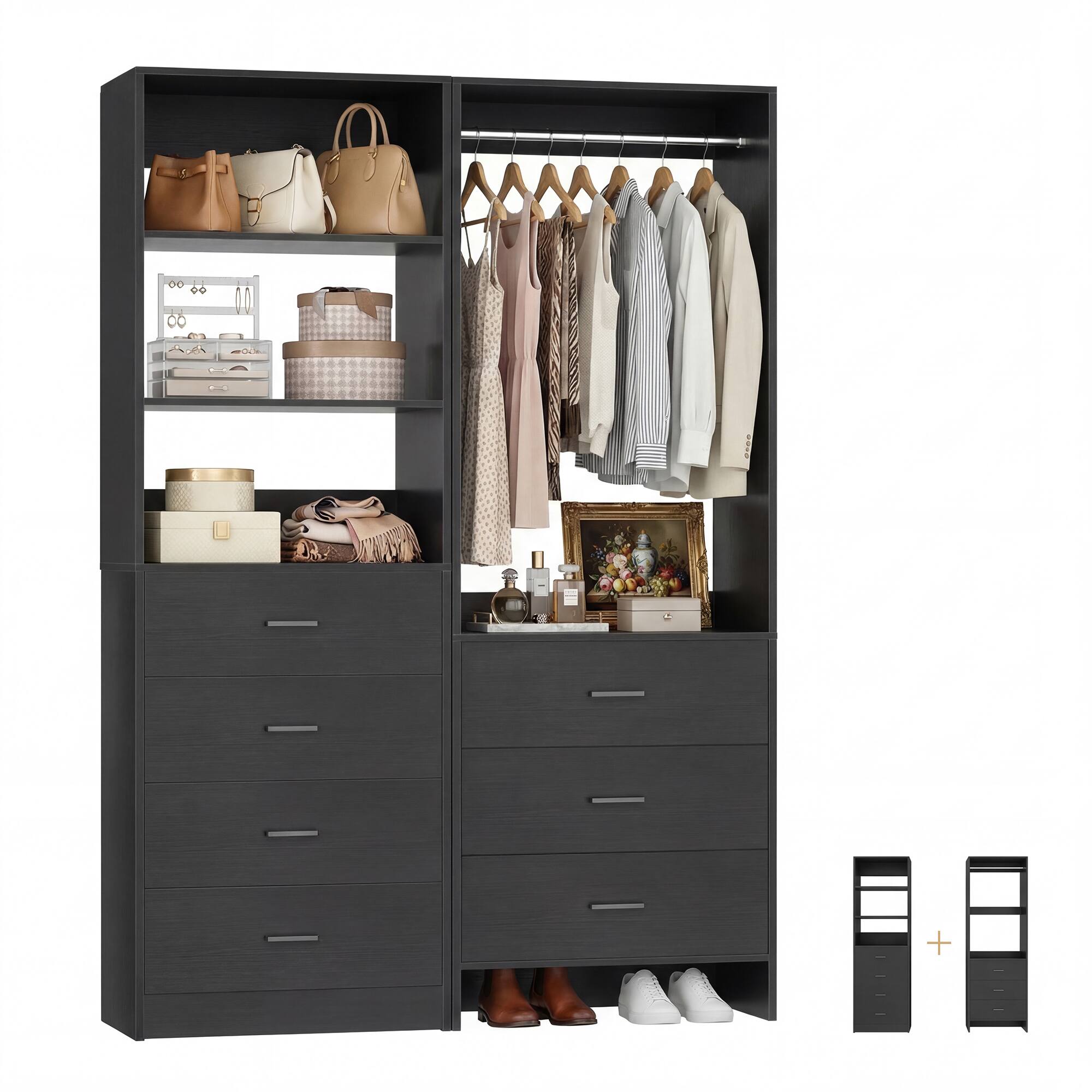 Angle. Aheaplus - 45''  Closet Organizer System Set of 2 - with 7 Drawers, Hanging Rod and Adjustable Shelf - Black.