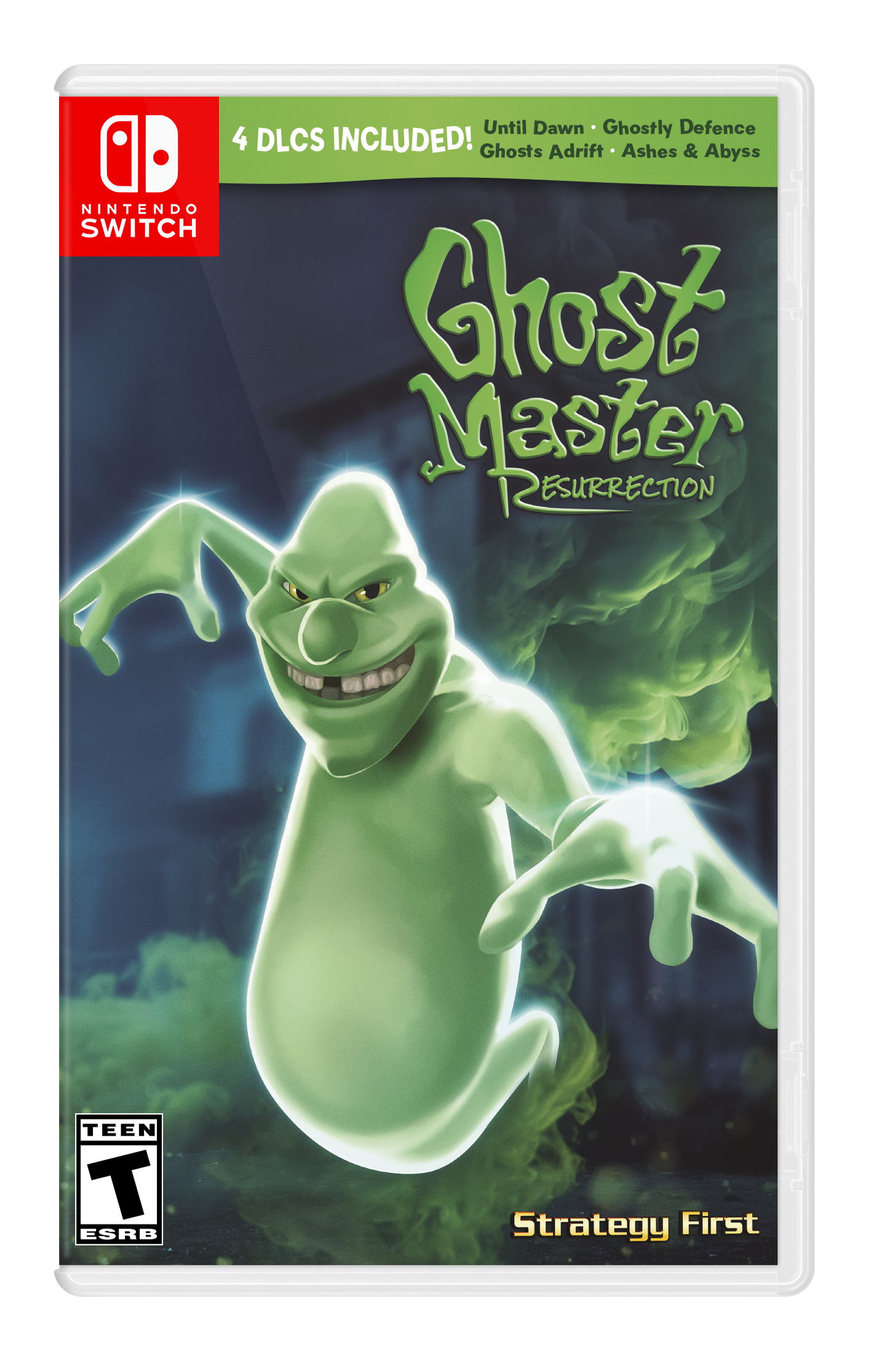 Sure, here is the corrected and grouped text from the image:
---
**Nintendo Switch**
**Ghost Master Resurrection**
**4 DLCs Included!**
- Until Dawn
- Ghostly Defence
- Ghosts Adrift
- Ashes & Abyss
**Strategy First**
**TEEN**
**ESRB**
---