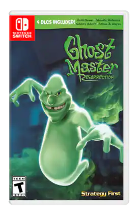 Sure, here is the corrected and grouped text from the image:
---
**Nintendo Switch**
**Ghost Master Resurrection**
**4 DLCs Included!**
- Until Dawn
- Ghostly Defence
- Ghosts Adrift
- Ashes & Abyss
**Strategy First**
**TEEN**
**ESRB**
--- - T (Teen 13+)