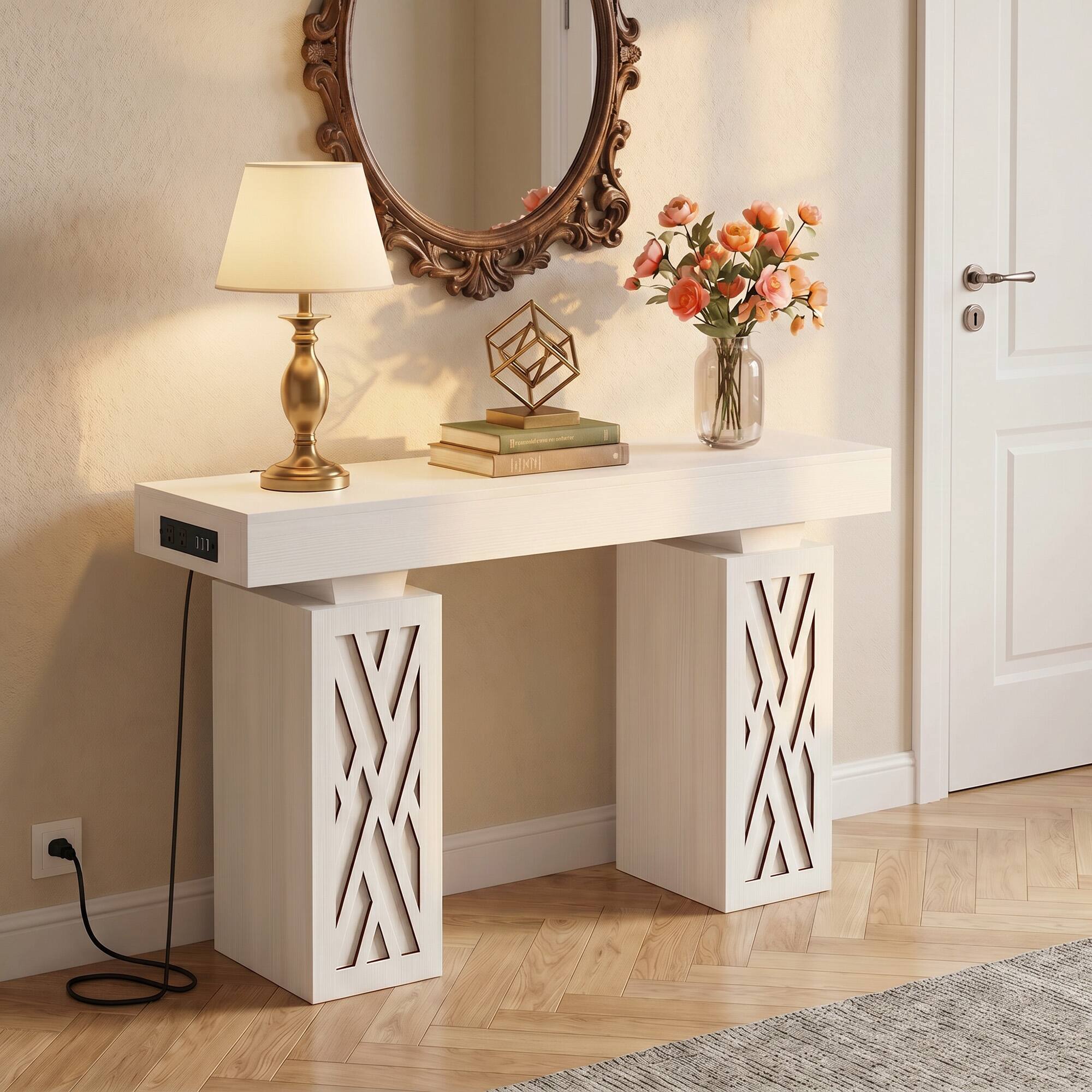 Alt View 4. Aheaplus - 47'' Farmhouse Console Table with Charging Station and LED Lights - White.
