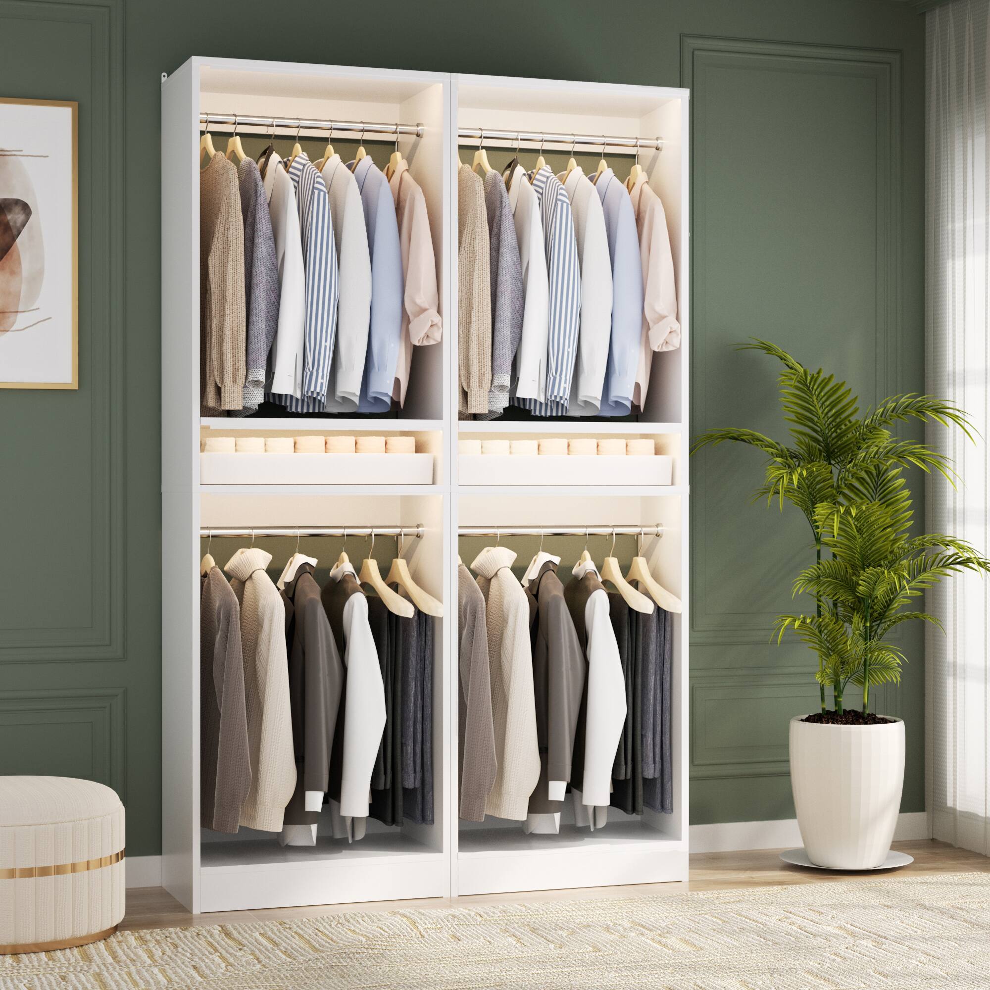Alt View 4. Aheaplus - 25'' Closet System with 2 Hanging Rods, Freestanding Closet Organizer System with Adjustable Shelves - White.