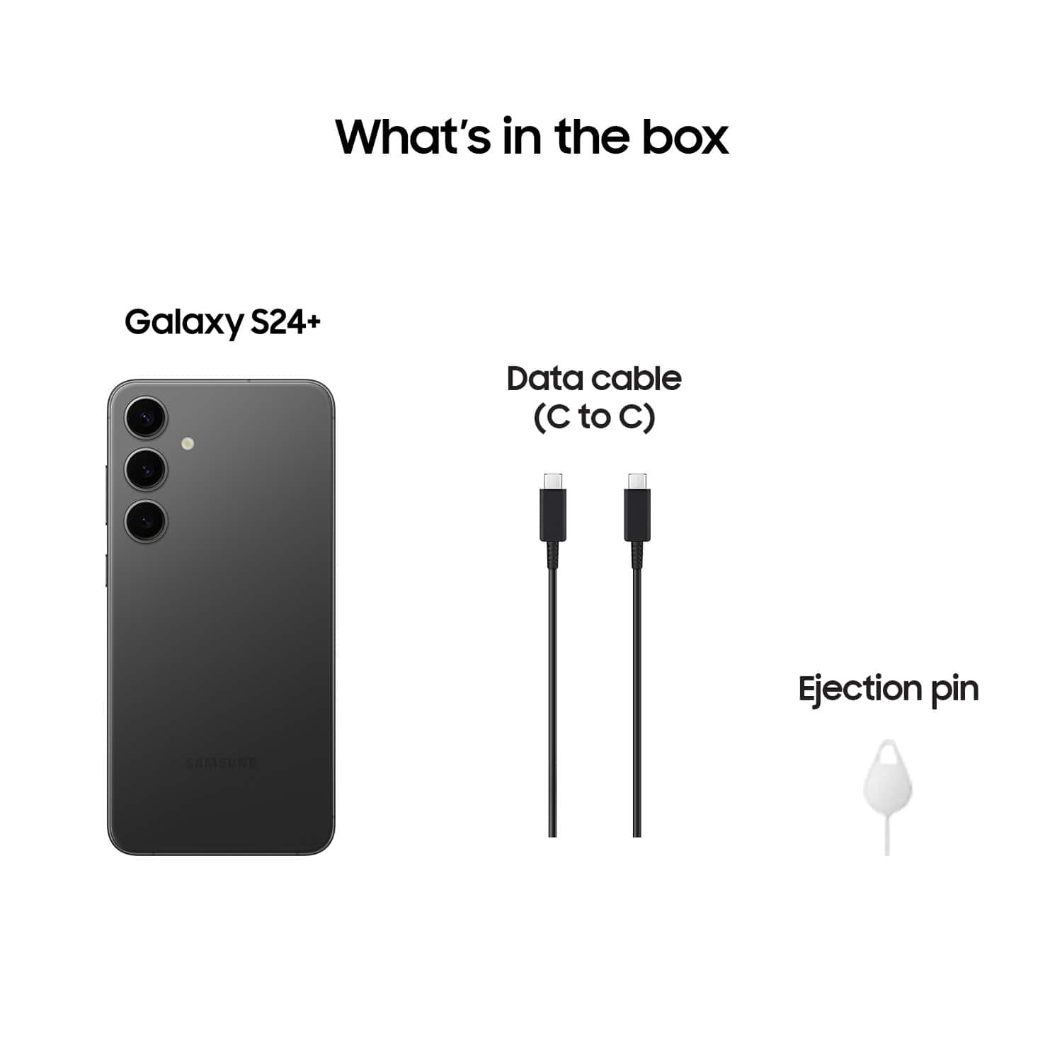 The image shows a Samsung Galaxy S24+ smartphone in its box, along with a data cable and an ejection pin. The box also contains a data cable and an ejection pin.