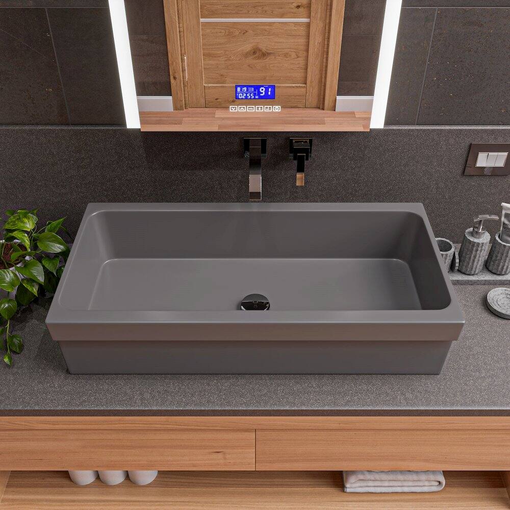 Back. Alfi - 36" Grey Matte Above Mount Fireclay Bathroom Trough Sink - Gray.