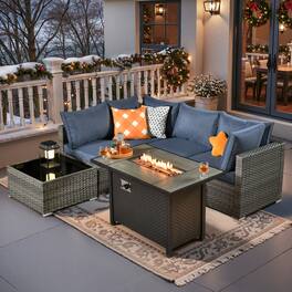 Ovios - 6 PCS Wicker Patio Furniture Outdoor Sectional Sofa with Coffee Table & 42'' Firepit Table - Denim Blue