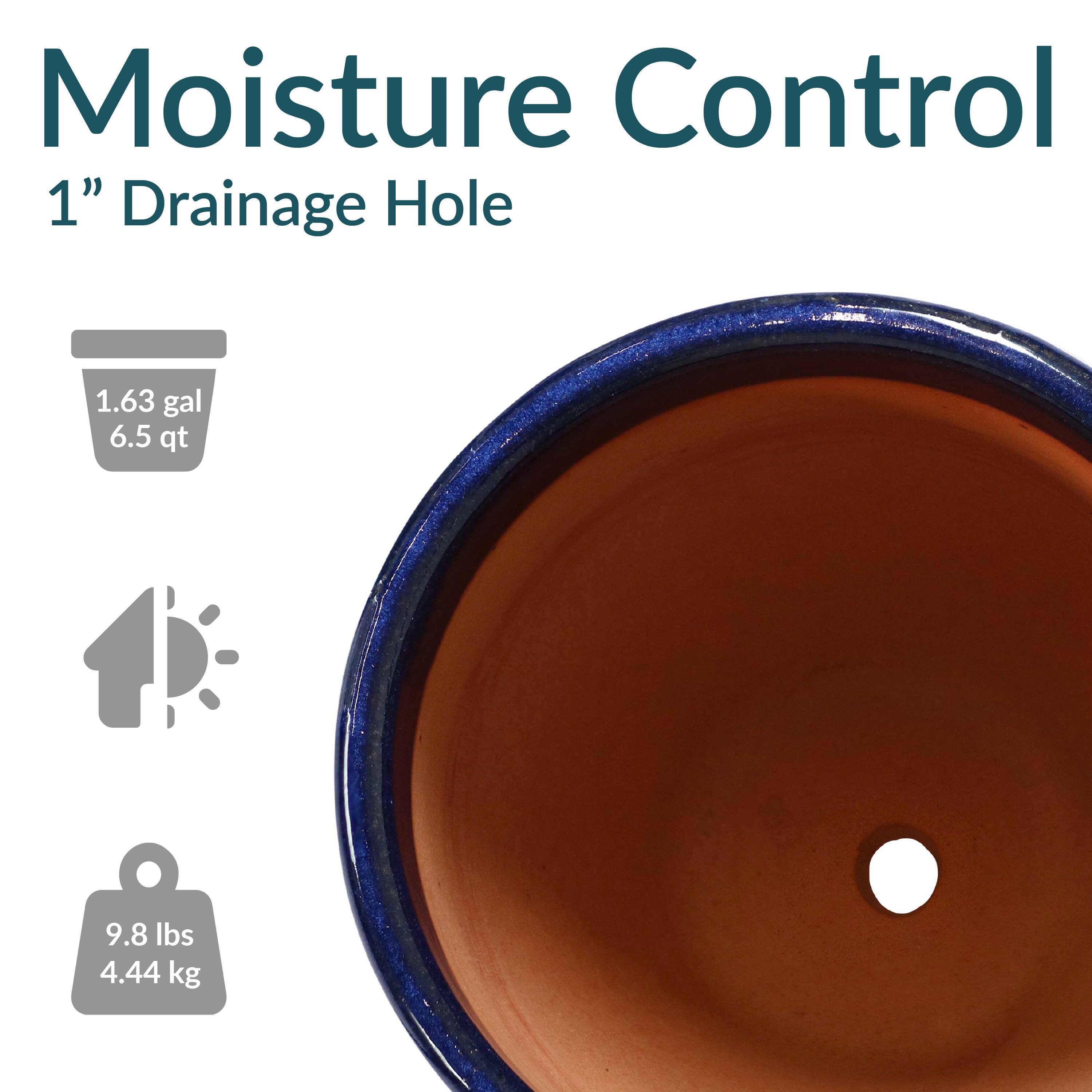 Moisture Control  
1" Drainage Hole  

1.63 gal  
6.5 qt  

9.8 lbs  
4.44 kg