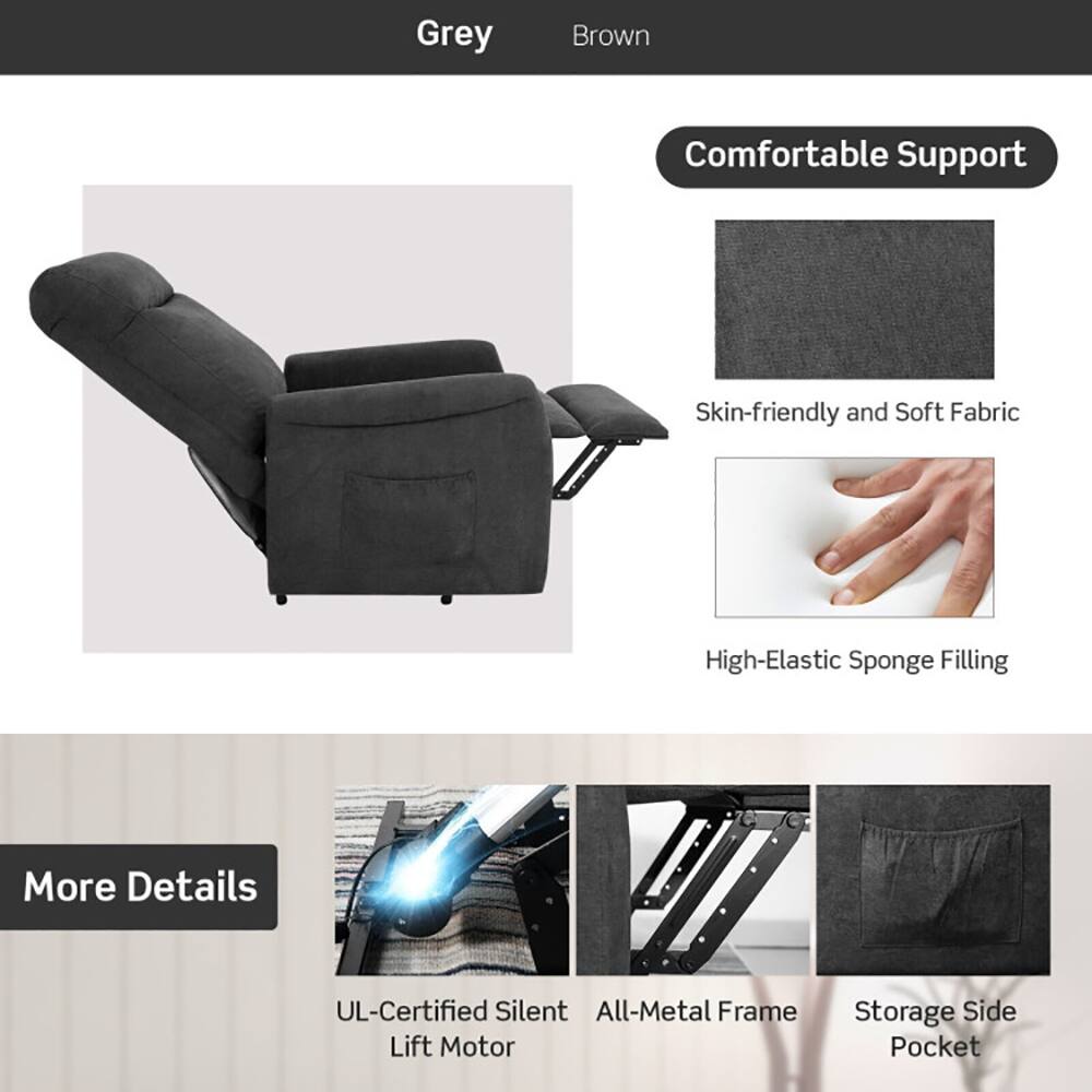Grey Brown Comfortable Support Skin-friendly and Soft Fabric High-Elastic Sponge Filling More Details UL UL-Certified Silent All-Metal Frame Lift Motor Storage Side Pocket