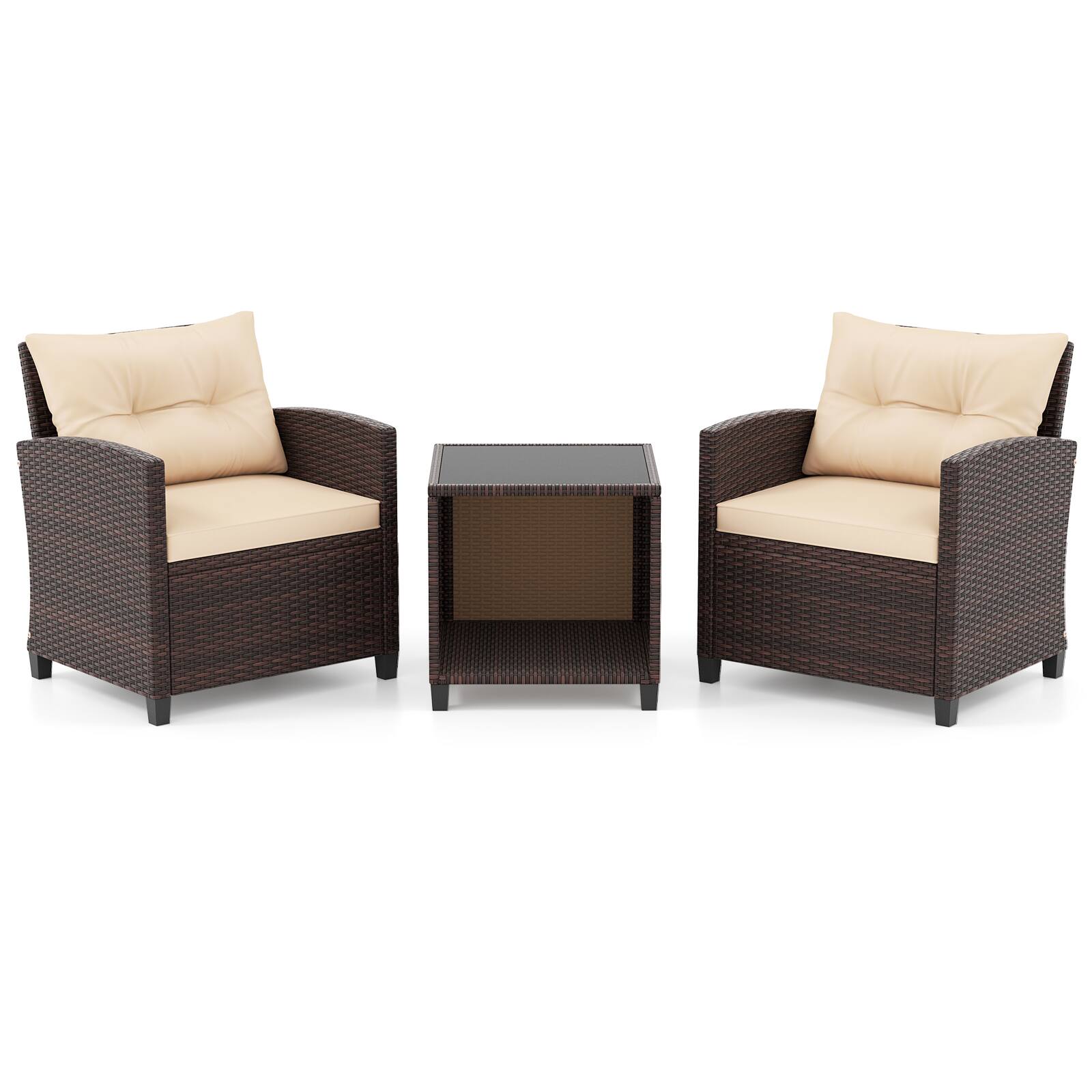 Alt View 9. Gymax - Gymax 3-Piece Patio Furniture Set PE Rattan Conversation Set w/ Glass Coffee Table Outdoor - Mix Brown, Beige.