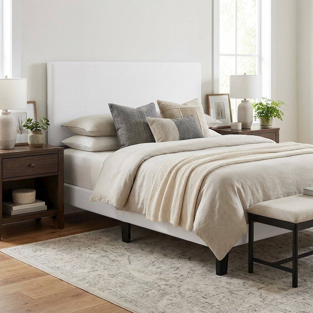 Left. FurniFact - Upholstered Linen Fabric King and California King Headboard with Padded Design - White.