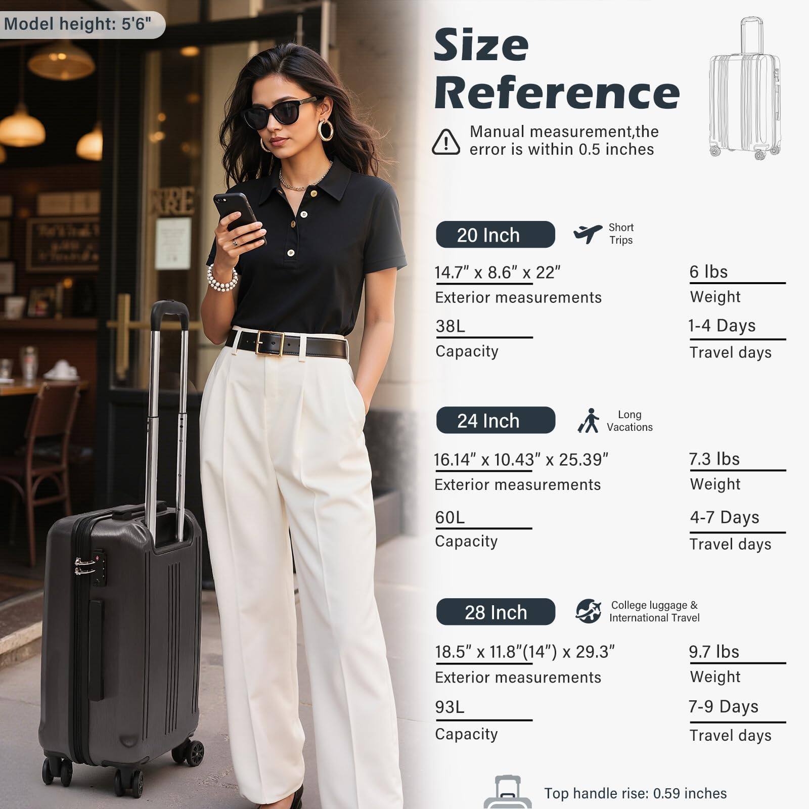 Model height: 5'6"

Size Reference

⚠️ Manual measurement, the error is within 0.5 inches

20 Inch  
Short Trips  
14.7" x 8.6" x 22"  
Exterior measurements  
38L Capacity  
6 lbs Weight  
1-4 Days Travel days

24 Inch  
Long Vacations  
16.14" x 10.43" x 25.39"  
Exterior measurements  
60L Capacity  
7.3 lbs Weight  
4-7 Days Travel days

28 Inch  
College luggage & International Travel  
18.5" x 11.8" (14") x 29.3"  
Exterior measurements  
93L Capacity  
9.7 lbs Weight  
7-9 Days Travel days

Top handle rise: 0.59 inches