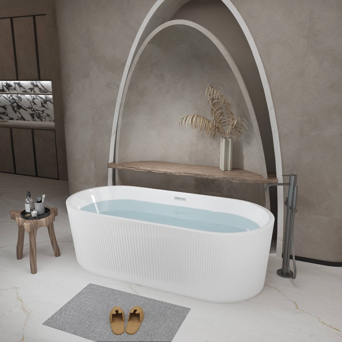 Left. Loheer - Loheer 59 in Freestanding Acrylic Soaking Bathtub, Gloss White Oval Stand Alone Tub with Center Chrome Drain - Gloss White.