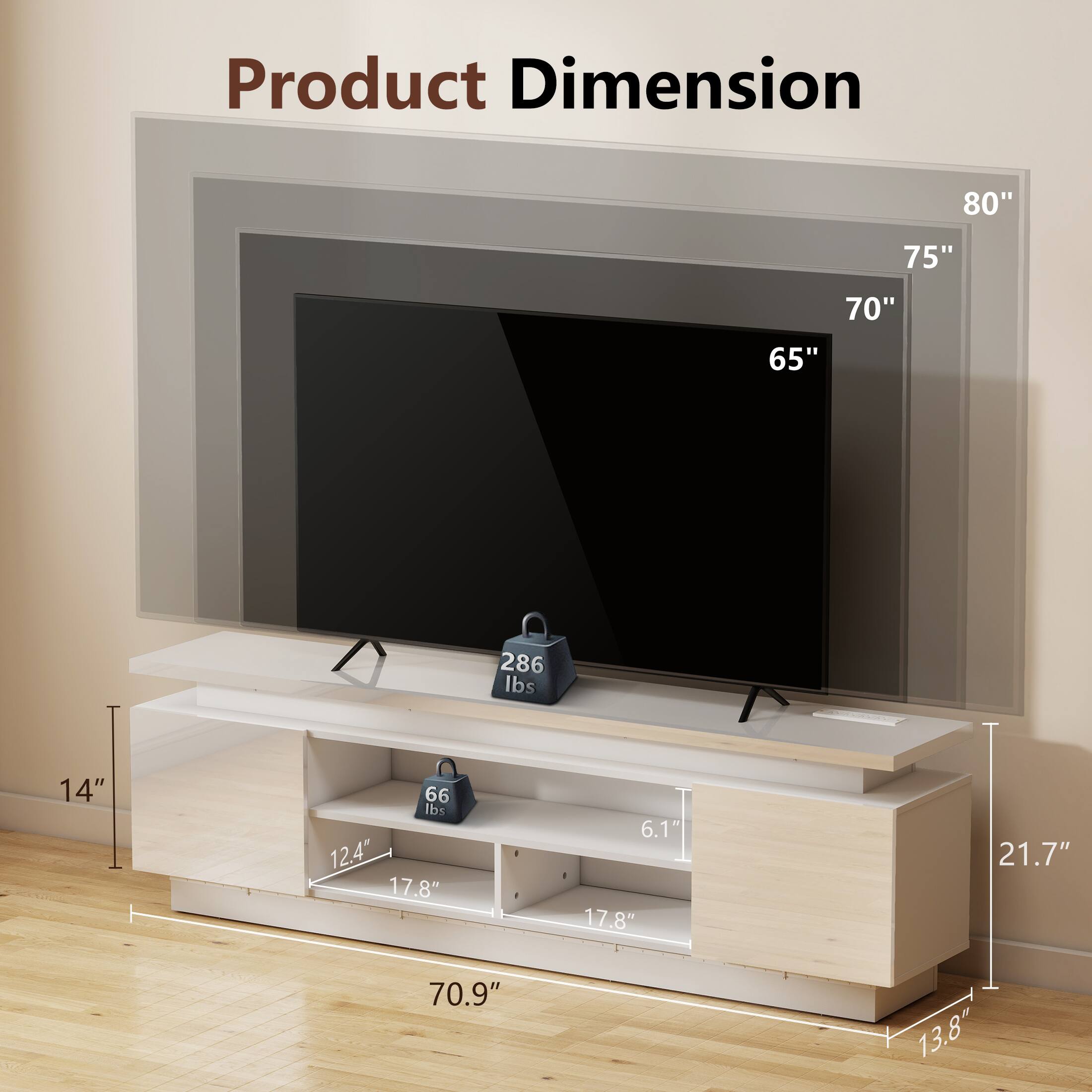 Product Dimension: 80", 75", 70", 65", 14", 21.7", 70.9", 13.8", 12.4", 17.8", 6.1", 17.8", 286 lbs, 66 lbs
