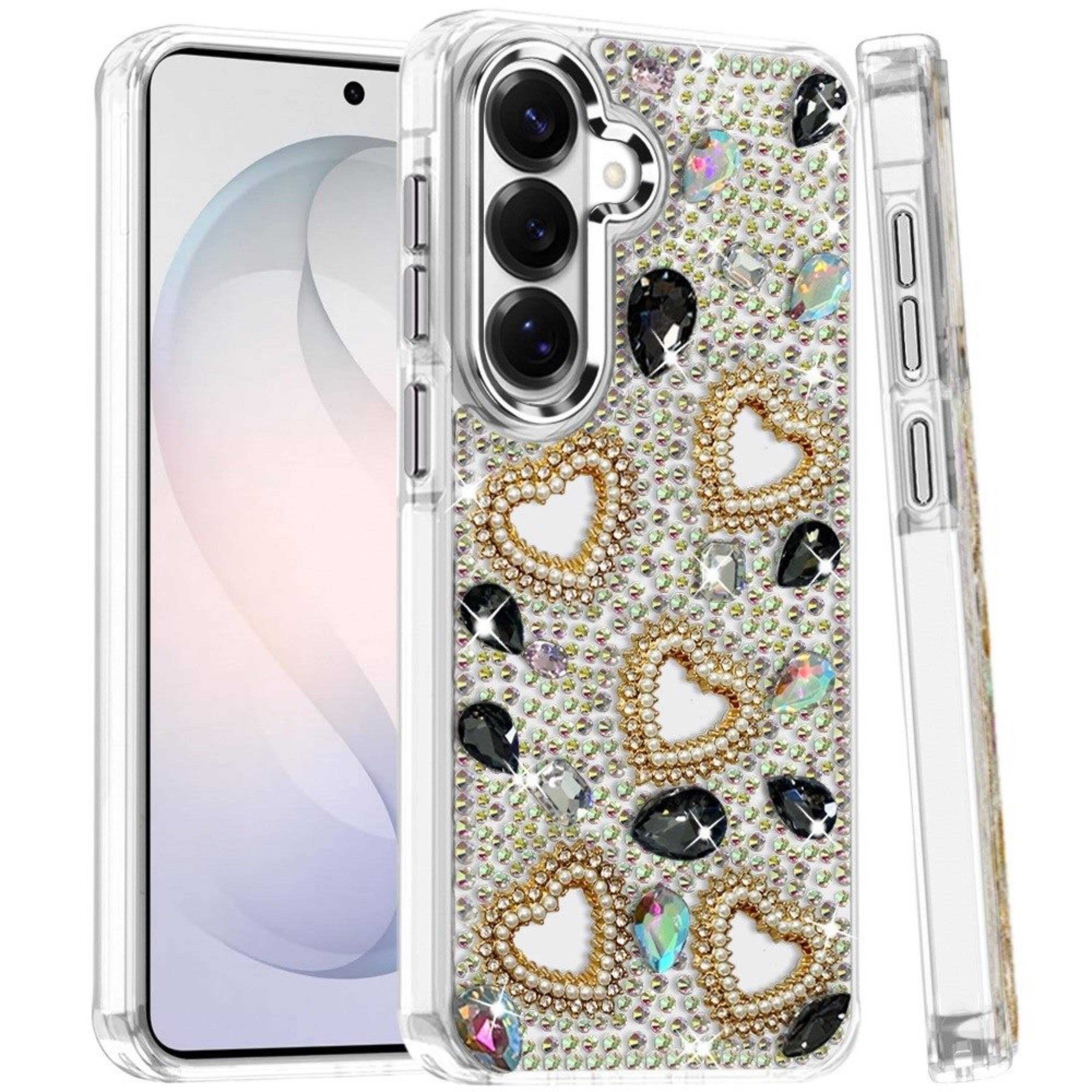 Angle. Kitcheniva - Glamorous Full Bling Hearts 3D Jewel Case With Tempered Glass For Samsung S26 FE Black - Black.
