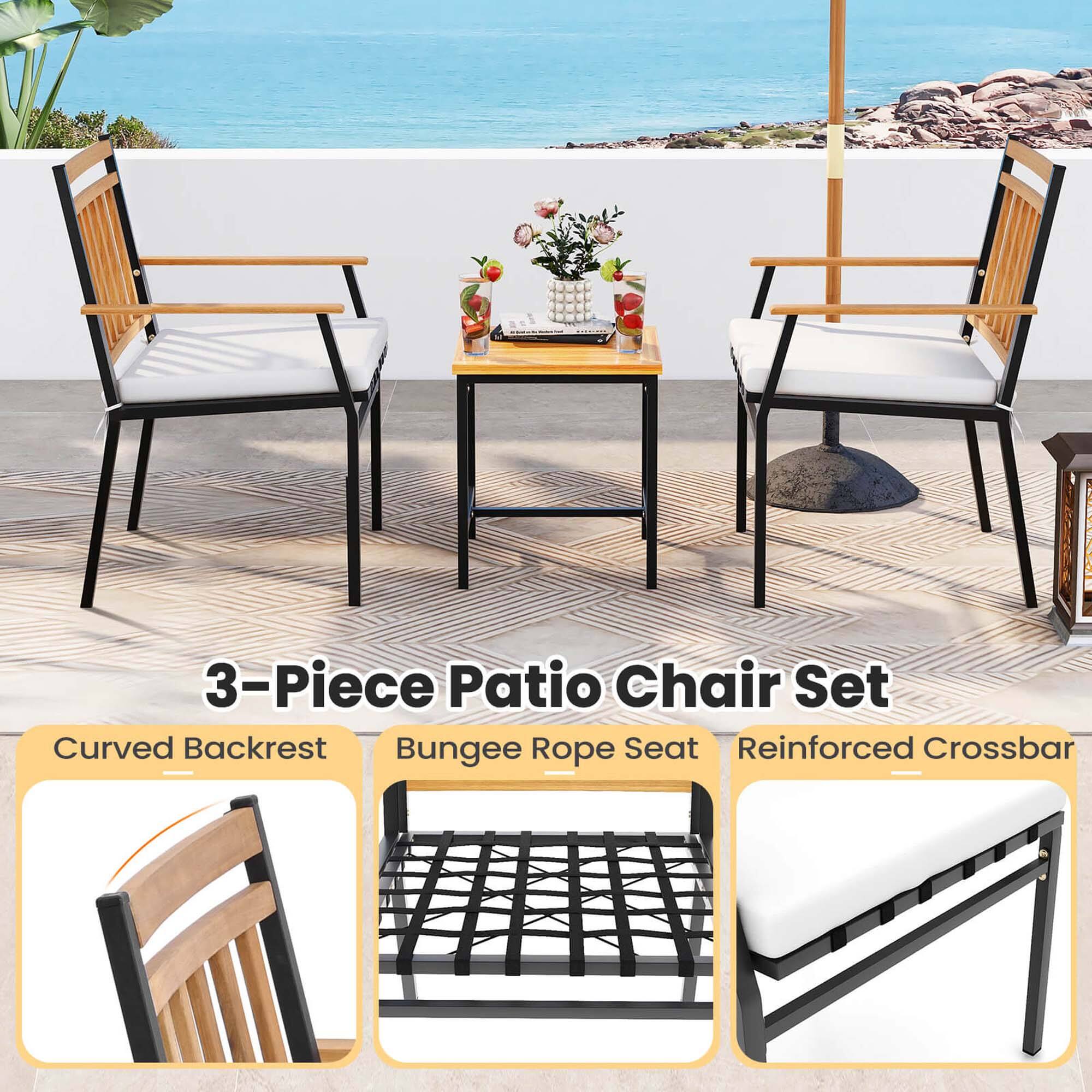 3-Piece Patio Chair Set
Curved Backrest
Bungee Rope Seat
Reinforced Crossbar