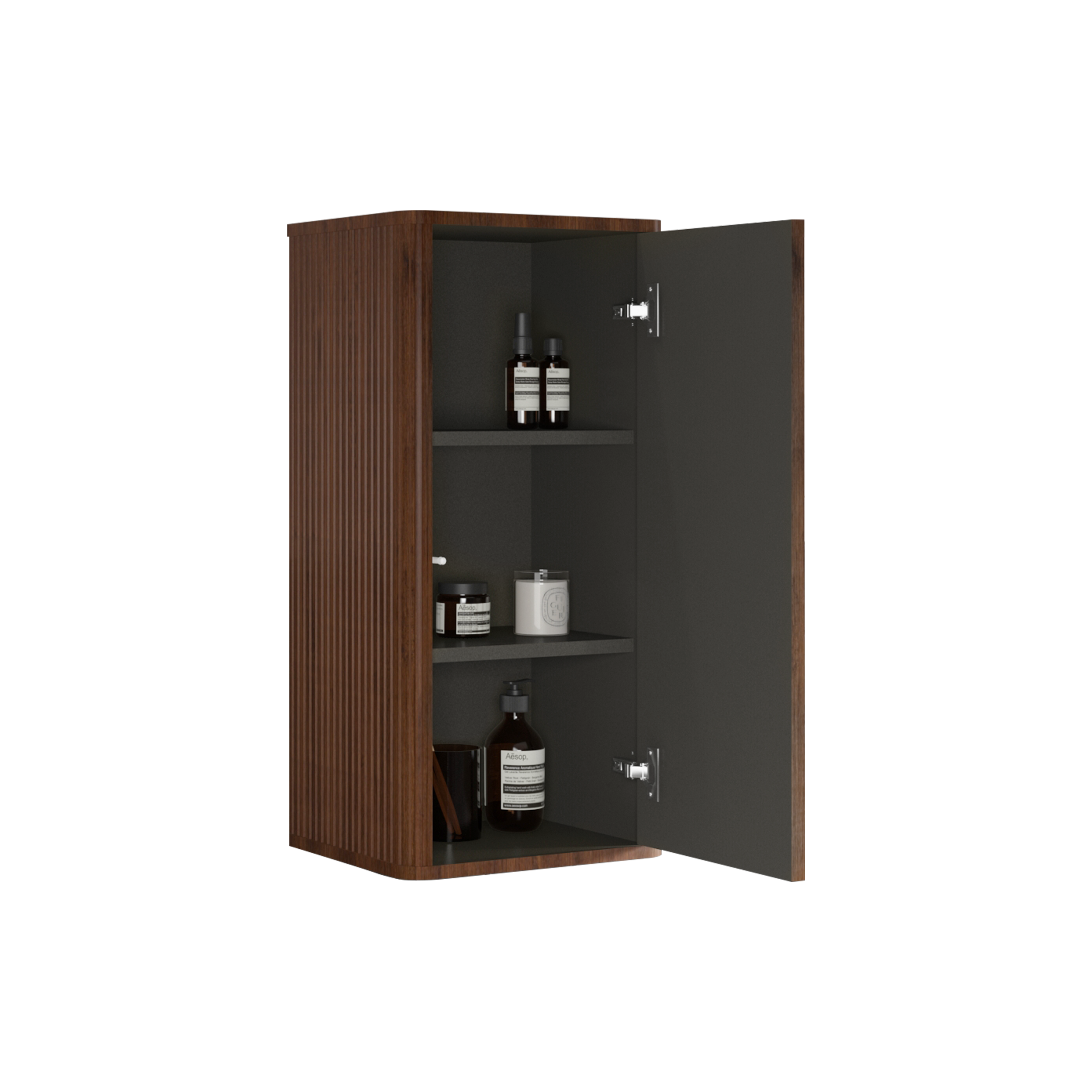 Angle. TinyHomie - Striped Walnut Bathroom Floating Side Cabinet Wall-mounted Storage Cabinet for Small Spaces Pre-assembled - Walnut.