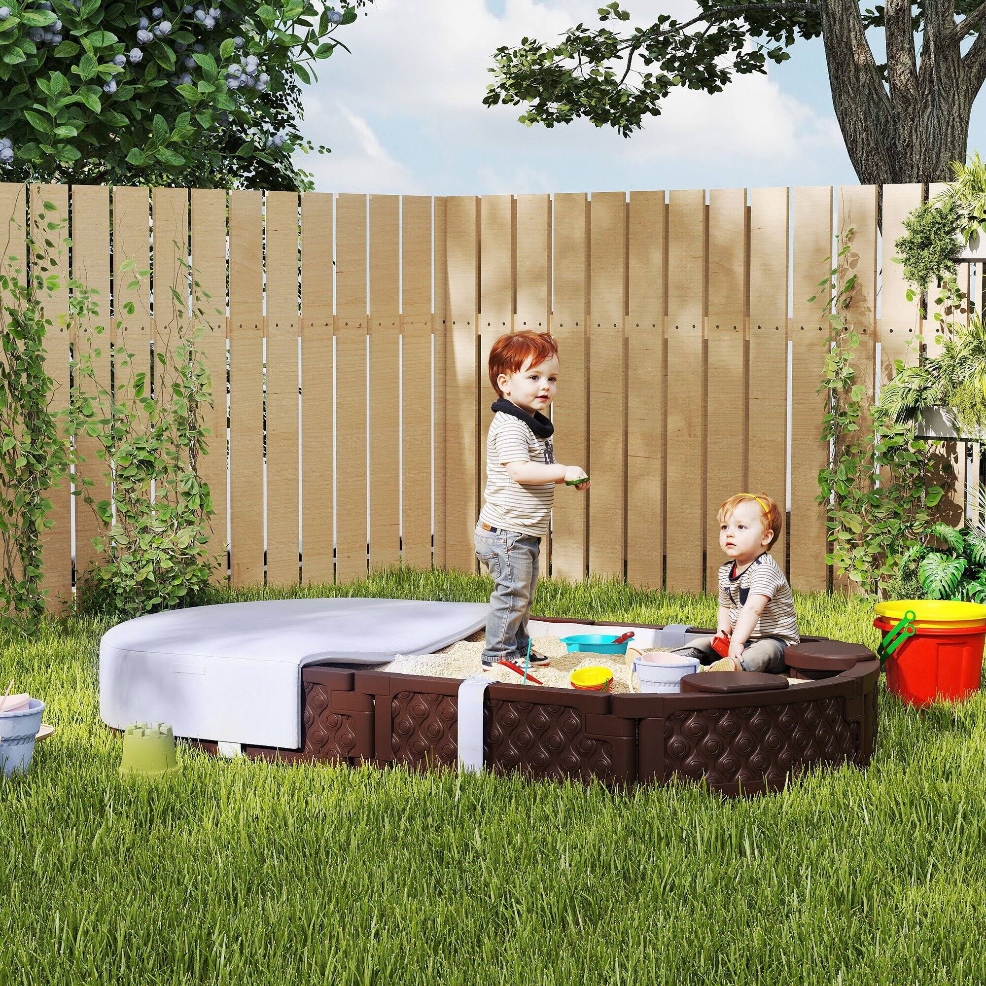 Alt View 5. Qaba - Kids Sandbox with Cover, Oval 71" Sand Pit, 4 Seats, Weather Resistant, Backyard, Lawn, Garden, Beach, Patio.