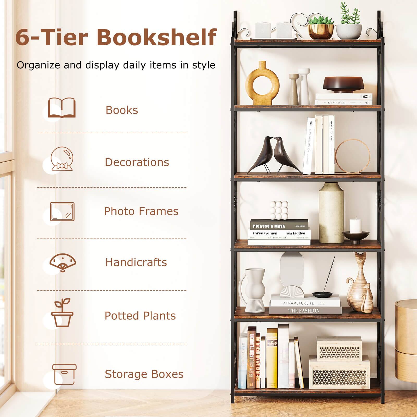 6-Tier Bookshelf  
Organize and display daily items in style  

Books  
Decorations  
Photo Frames  
Handicrafts  
Potted Plants  
Storage Boxes