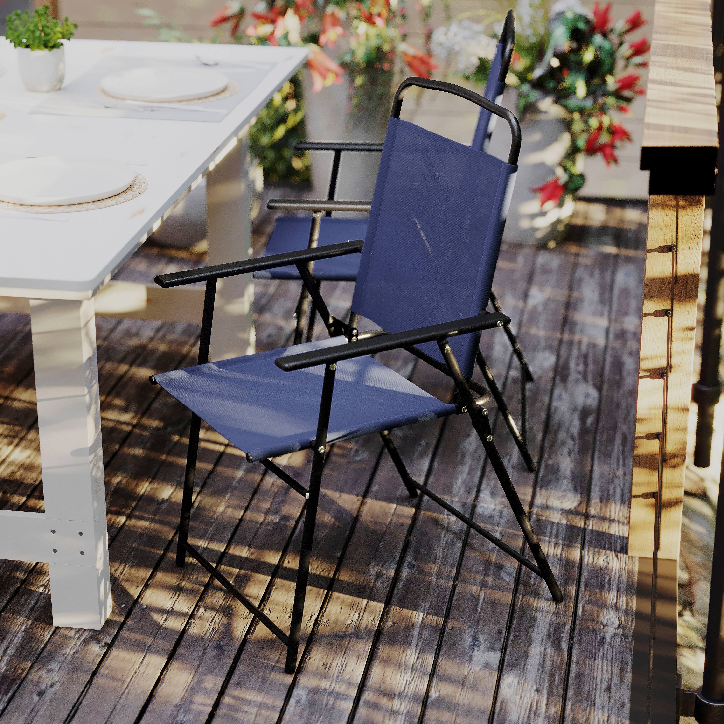 Alt View 3. Flash Furniture - Set of 2 Mystic Folding Patio Sling Chairs, Outdoor Textilene Lawn Chairs with Armrests in Navy - Blue.