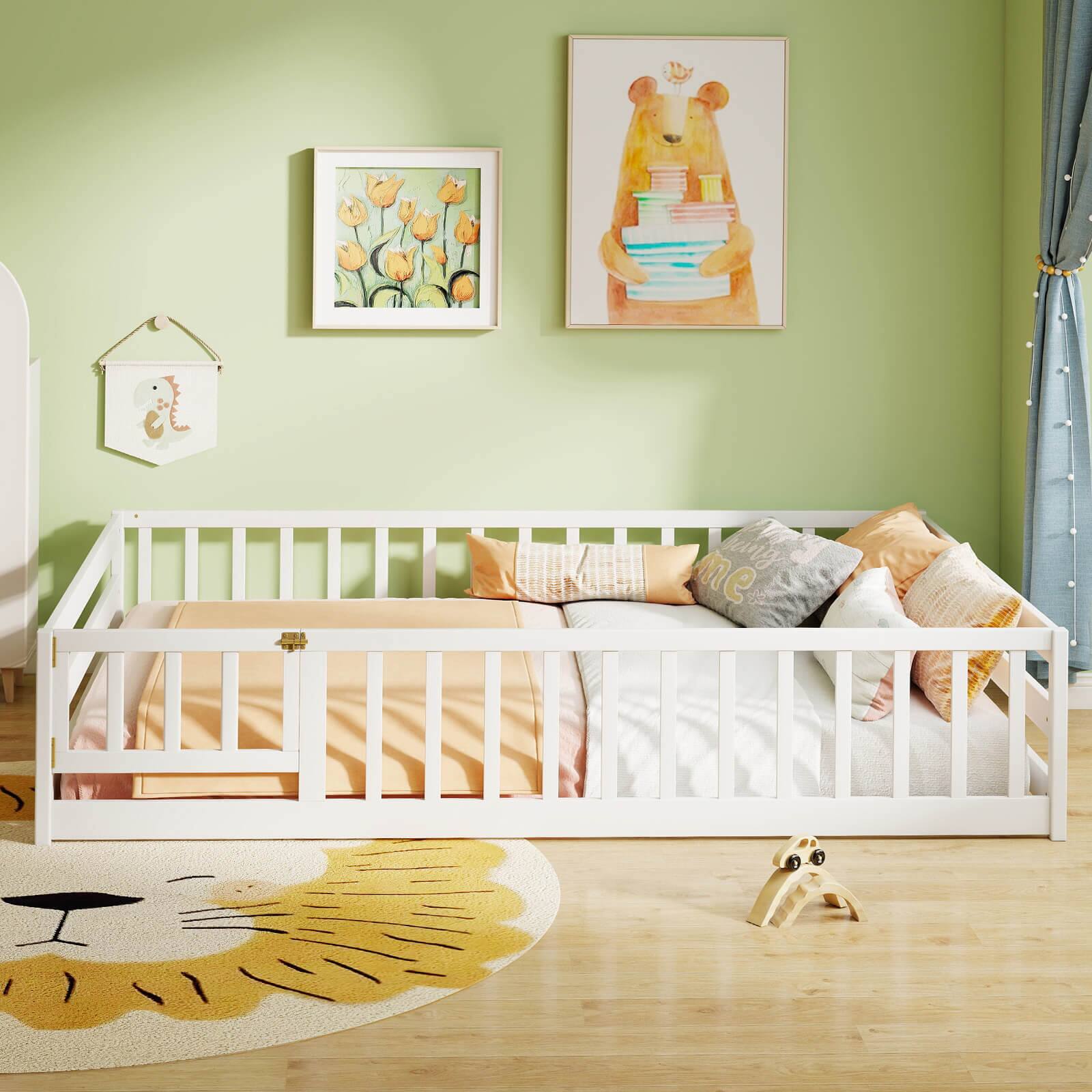 Alt View 4. Costway - Costway Full Size Floor Bed with Full Length Safety Guardrails & Door for Boys, Girls - White.