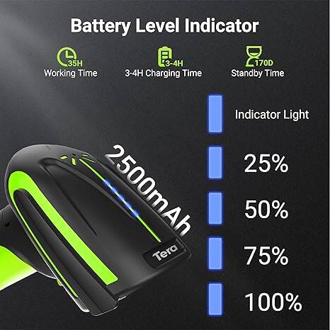 Battery Level Indicator  
- Working Time: 35H  
- Charging Time: 3-4H  
- Standby Time: 170D  

Indicator Light  
- 25%  
- 50%  
- 75%  
- 100%  

2500mAh