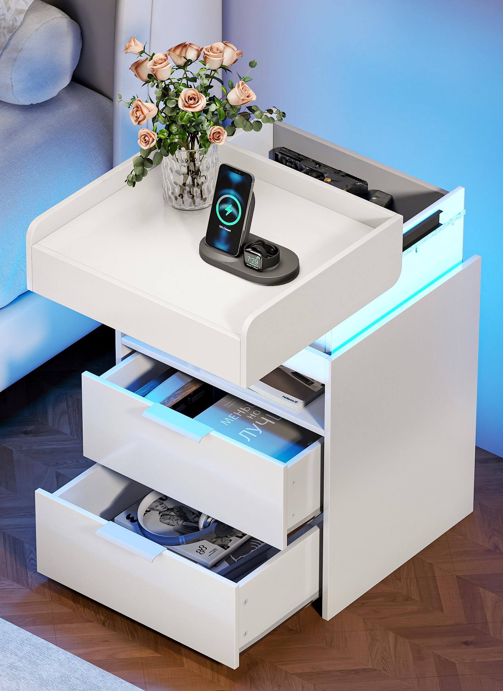 VEGA AUTOMOTIVE - Night Stand With Drawer - Modern Nightstand Charging Station & Led Lights Widen Bedside Tables 2 Drawers Sl - White-1 Pack