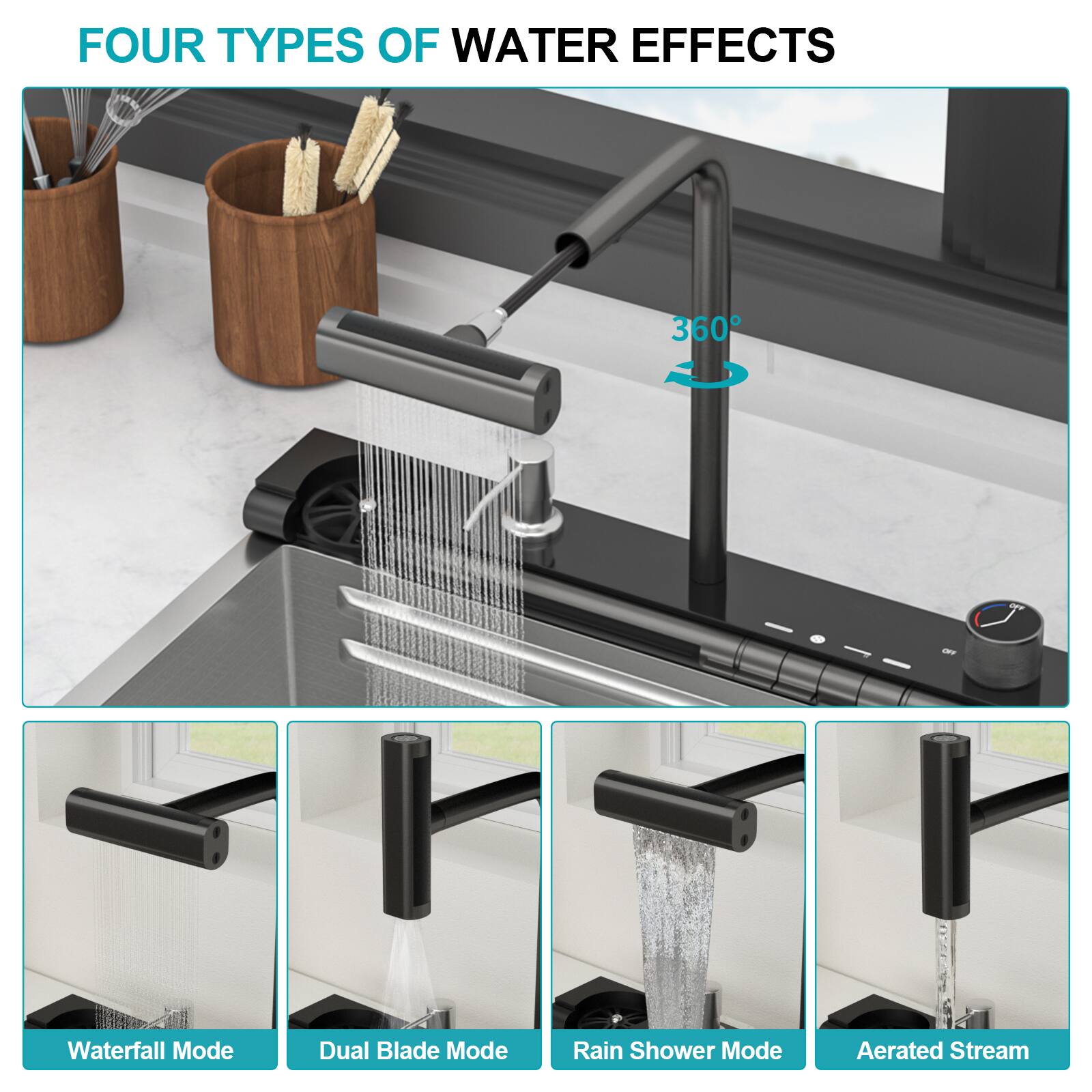 FOUR TYPES OF WATER EFFECTS

- Waterfall Mode
- Dual Blade Mode
- Rain Shower Mode
- Aerated Stream