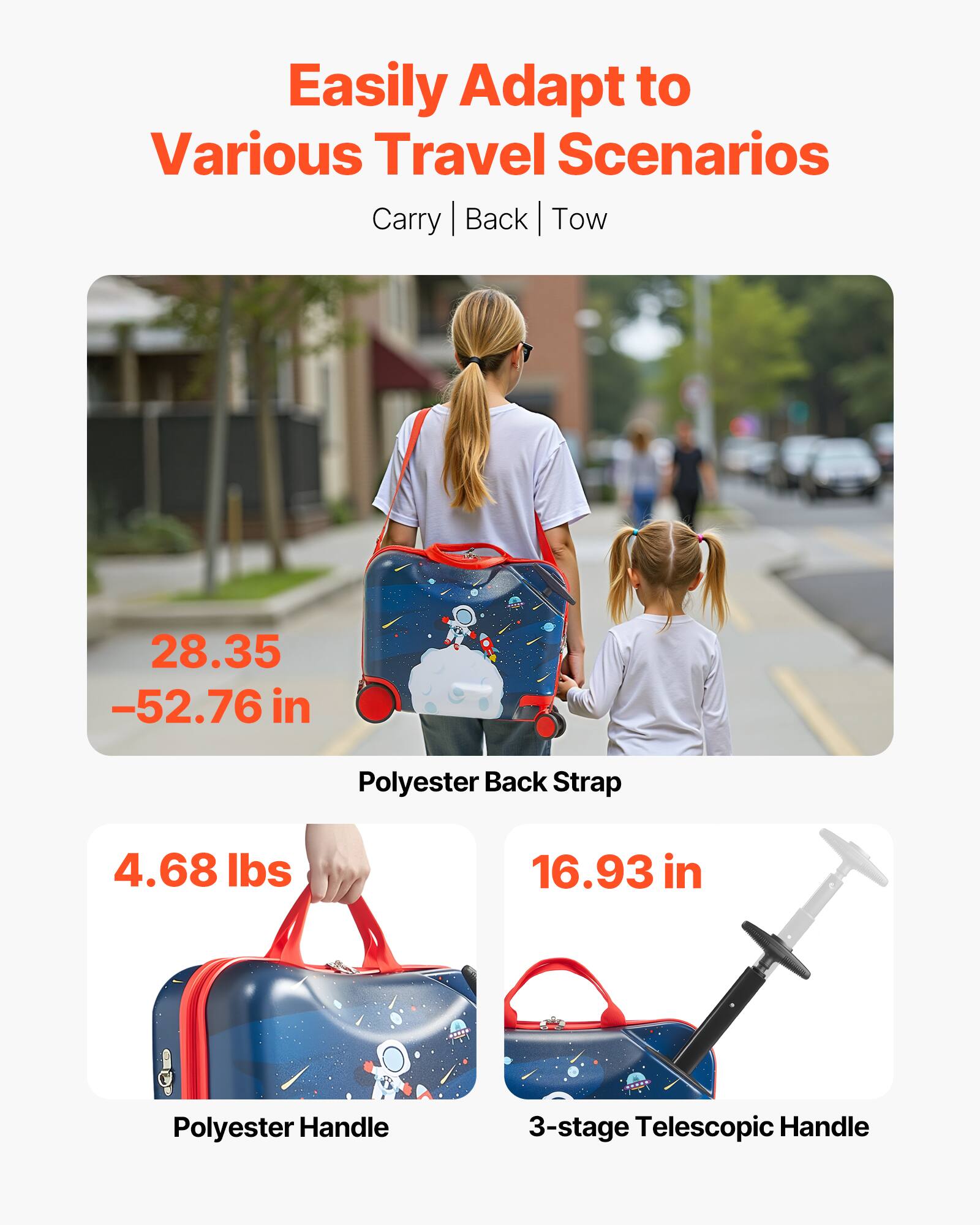 Easily Adapt to Various Travel Scenarios  
Carry | Back | Tow  

28.35 - 52.76 in  
Polyester Back Strap  

4.68 lbs  
Polyester Handle  

16.93 in  
3-stage Telescopic Handle