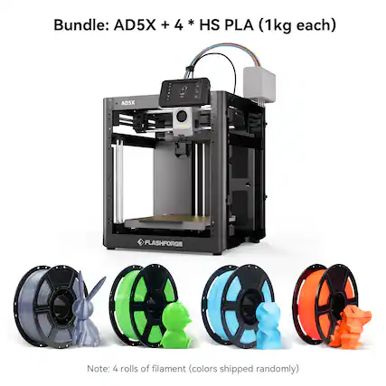 Bundle: AD5X + 4 * HS PLA (1kg each)
Note: 4 rolls of filament (colors shipped randomly)