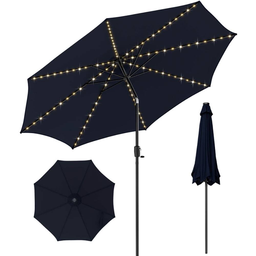 Front. Pefilos - 10 Feet Patio Umbrella with 112 Solar Lights and Crank Handle-Navy, Patio Offset Umbrella with Easy Tilt Adjustment - Blue.