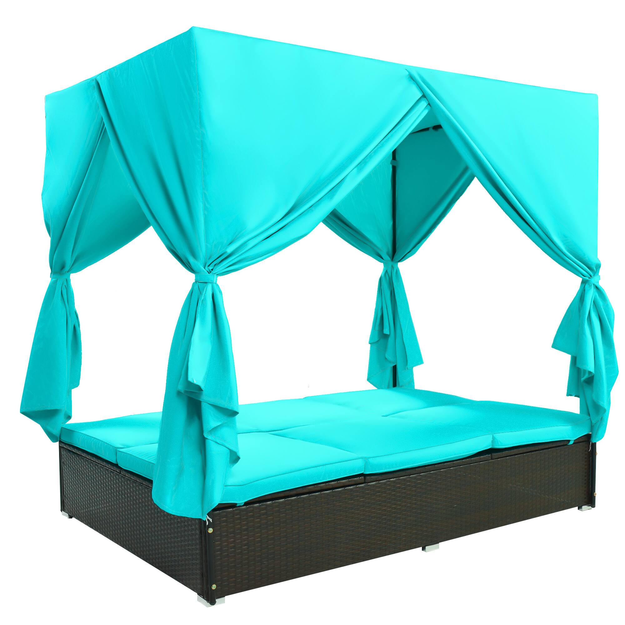 Left. Mondawe - Outdoor Double Chaise Lounge Daybed with Curtains and Adjustable Backrest - Blue.