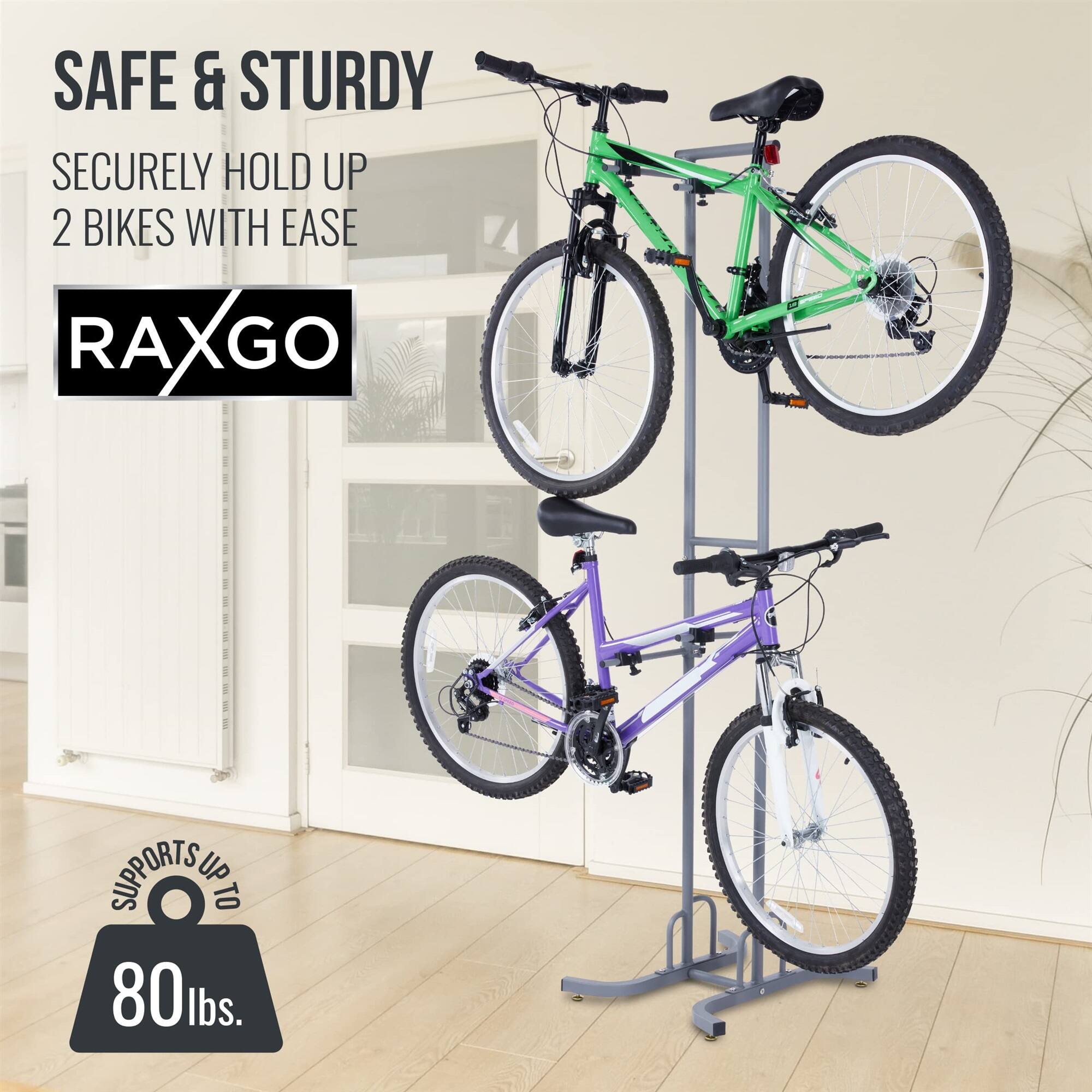 SAFE & STURDY, SECURELY HOLD UP 2 BIKES WITH EASE, RAXGO, SUPPORTS UP TO 80lbs.