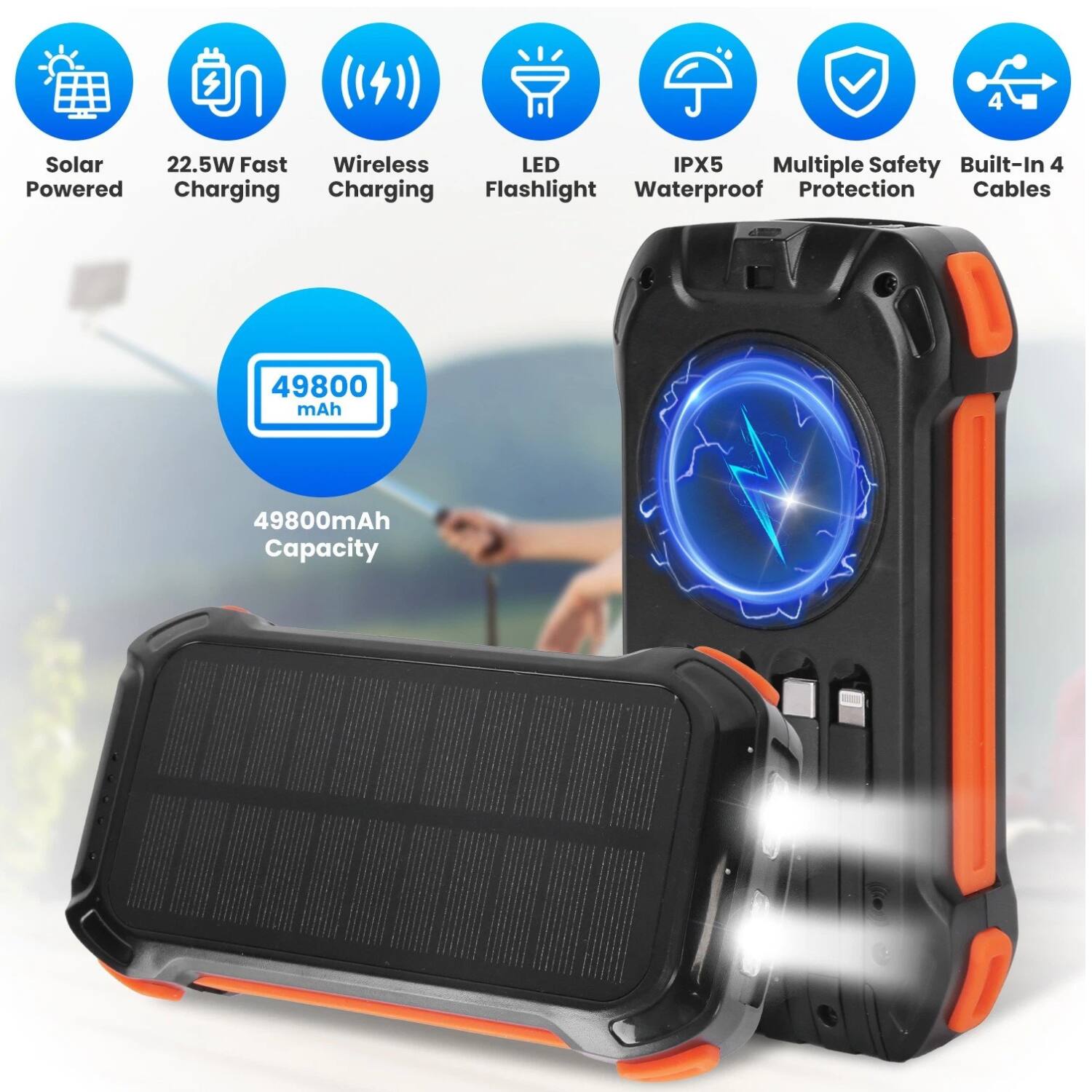 - Solar Powered
- 22.5W Fast Charging
- Wireless Charging
- LED Flashlight
- IPX5 Waterproof
- Multiple Safety Protection
- Built-In 4 Cables
- 49800mAh Capacity