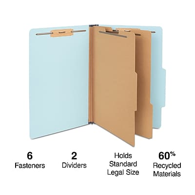 6 Fasteners  
2 Dividers  
Holds Standard Legal Size  
60% Recycled Materials