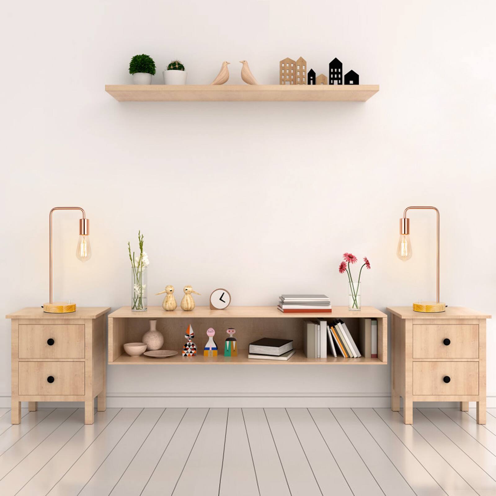 Alt View 1. Oumilen - Set of 2 Edison Table Lamp, Industrial Nightstand Lamps, Rose Gold Desk Lamp with Wood Base.