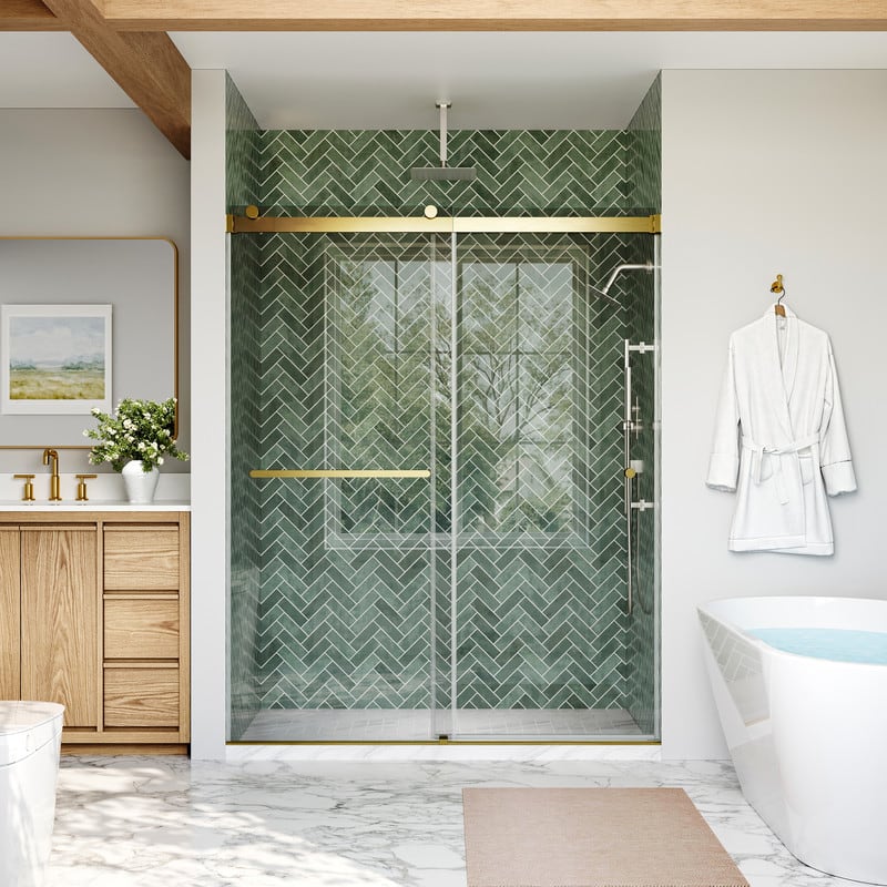 WELLFOR - 56-60 in W x 74 in H Double Sliding Frameless Shower Door with 1/4 in. Clear SGCC Tempered Glass - Brushed Gold price history on PriceWatchPro